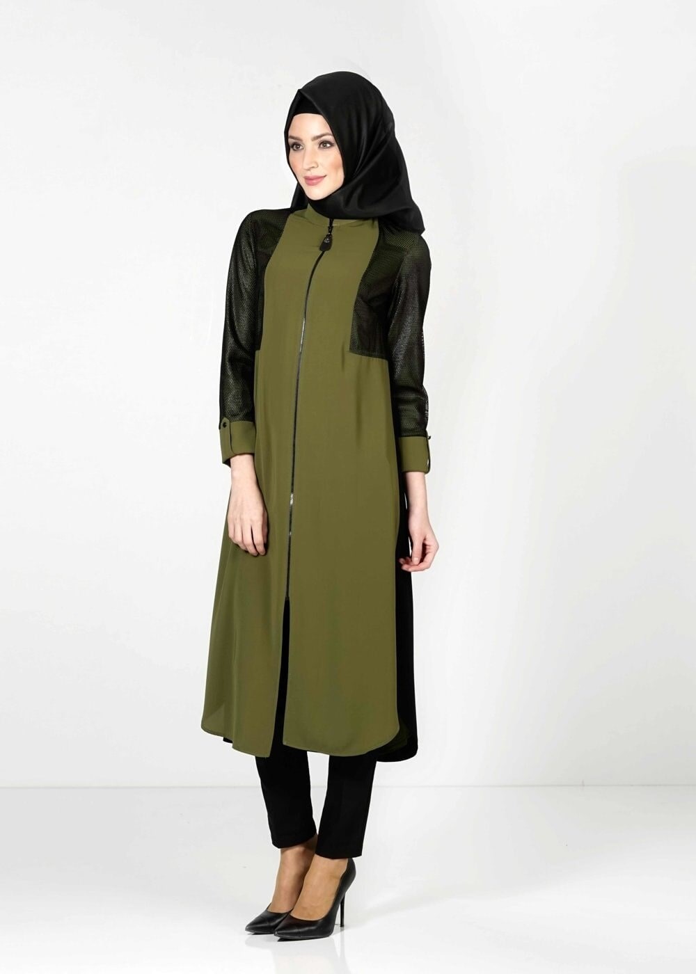 Tesettür giyim HAKİ FİLE DETAYLI FERMUARLI TUNİK 4065 