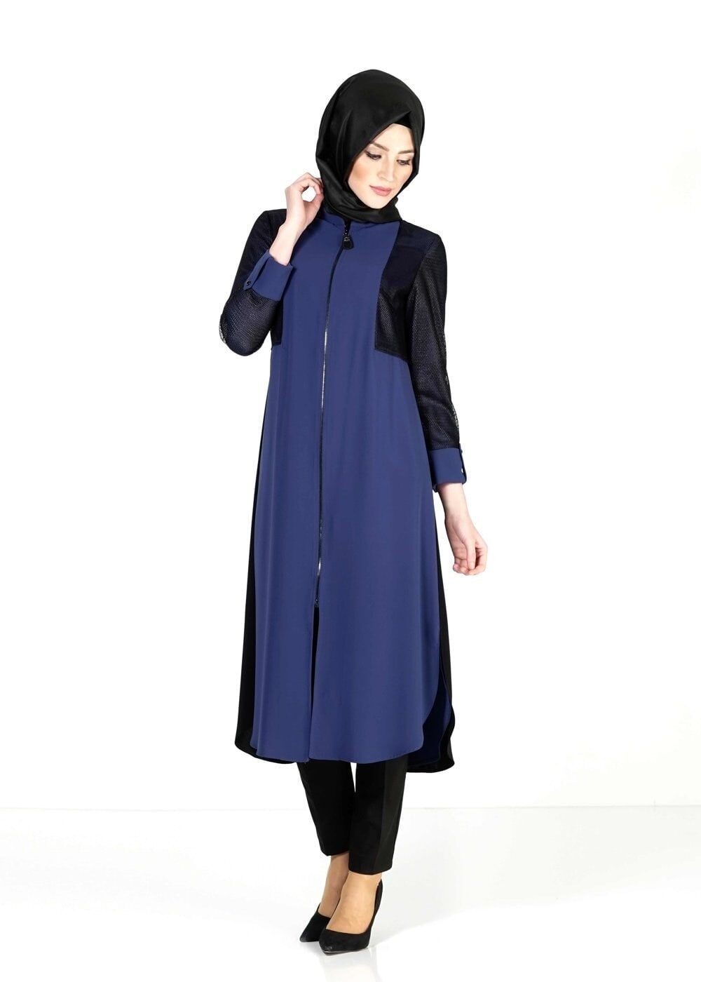 Tesettür giyim LACİVERT FİLE DETAYLI FERMUARLI TUNİK 4065 