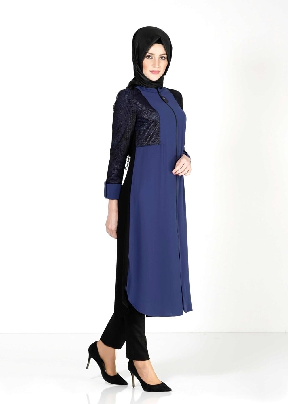 Tesettür giyim LACİVERT FİLE DETAYLI FERMUARLI TUNİK 4065 