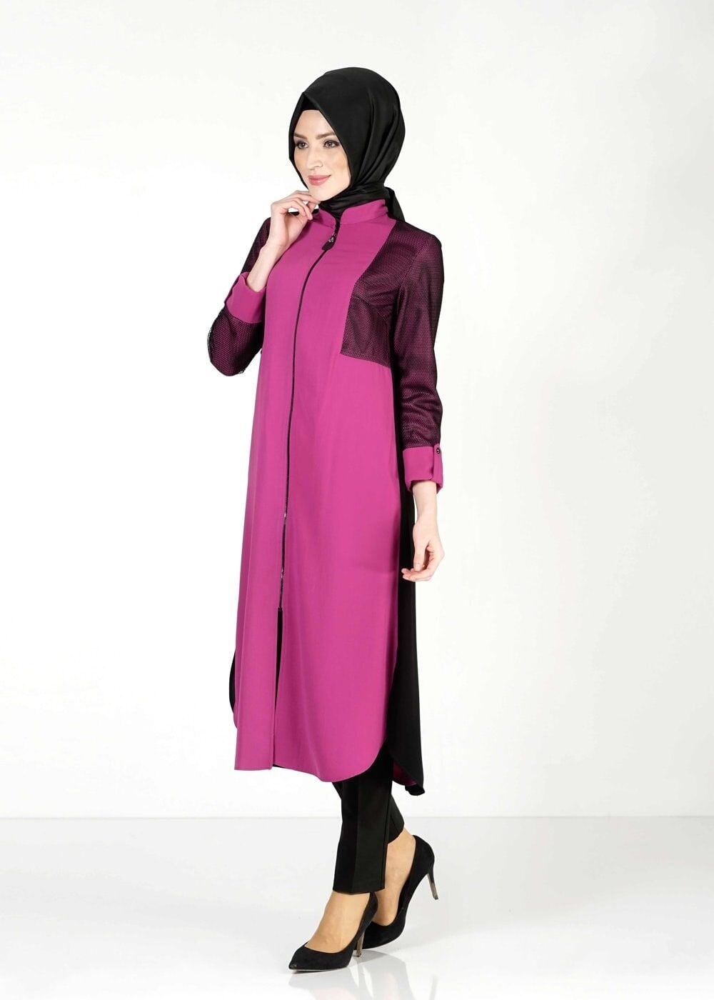Tesettür giyim MOR FİLE DETAYLI FERMUARLI TUNİK 4065 