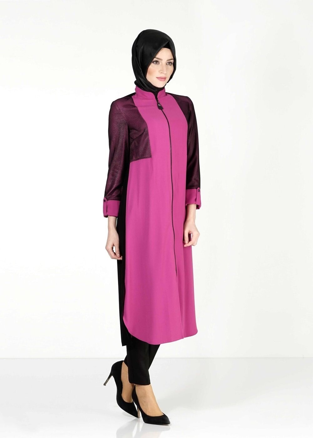 Tesettür giyim MOR FİLE DETAYLI FERMUARLI TUNİK 4065 