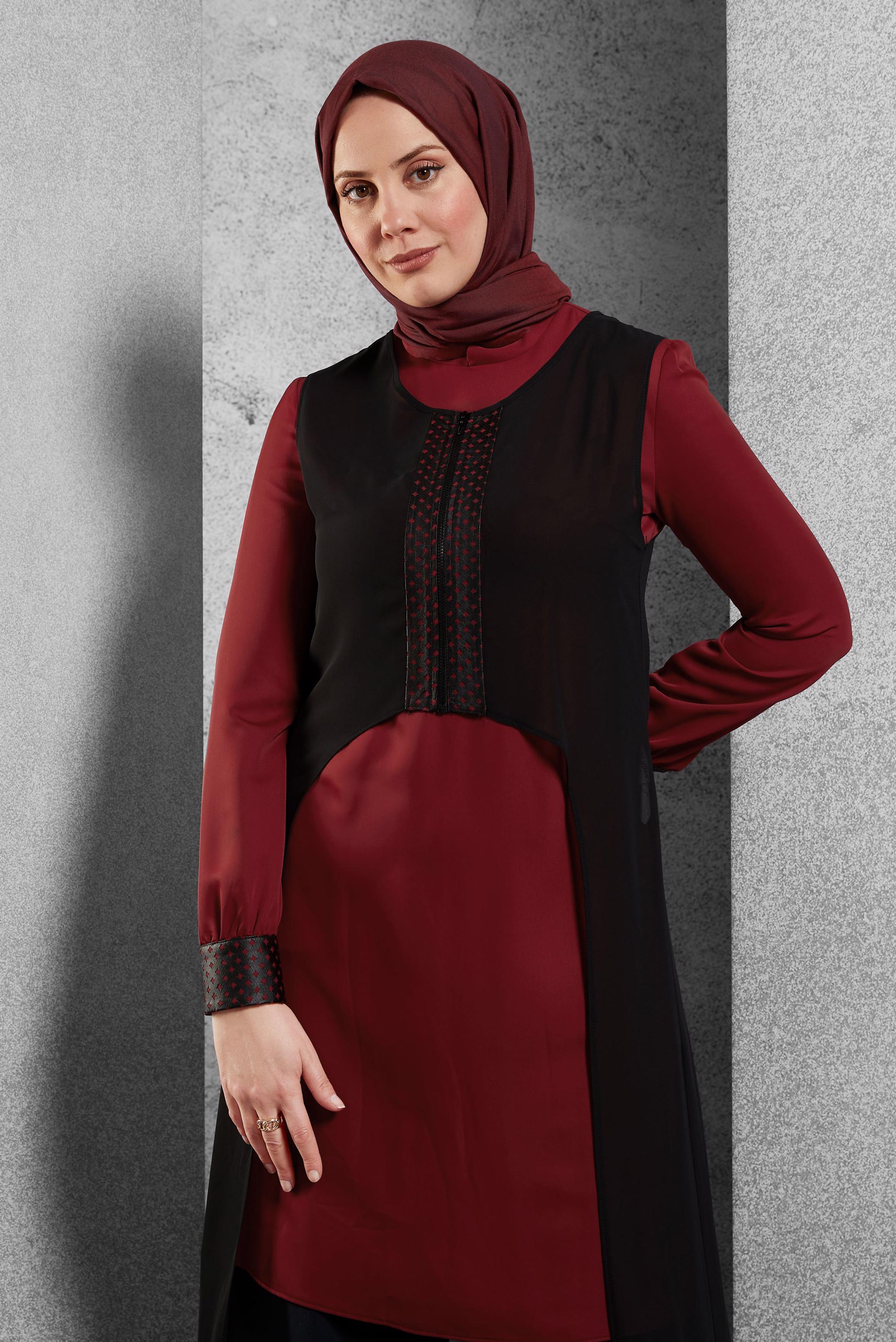 Tesettür giyim BORDO ASİMETRİK KESİM YELEKLİ TUNİK 4070