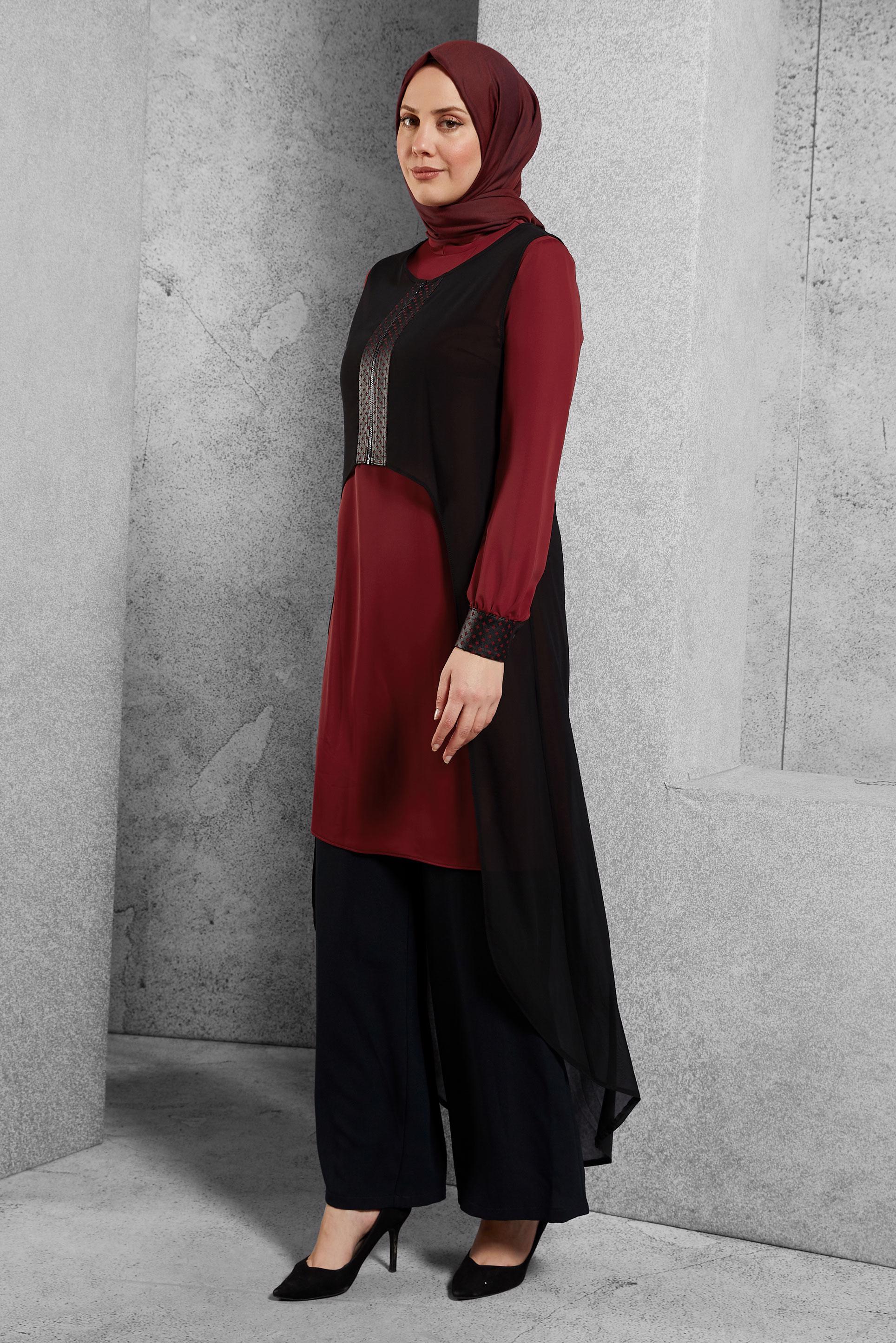 Tesettür giyim BORDO ASİMETRİK KESİM YELEKLİ TUNİK 4070