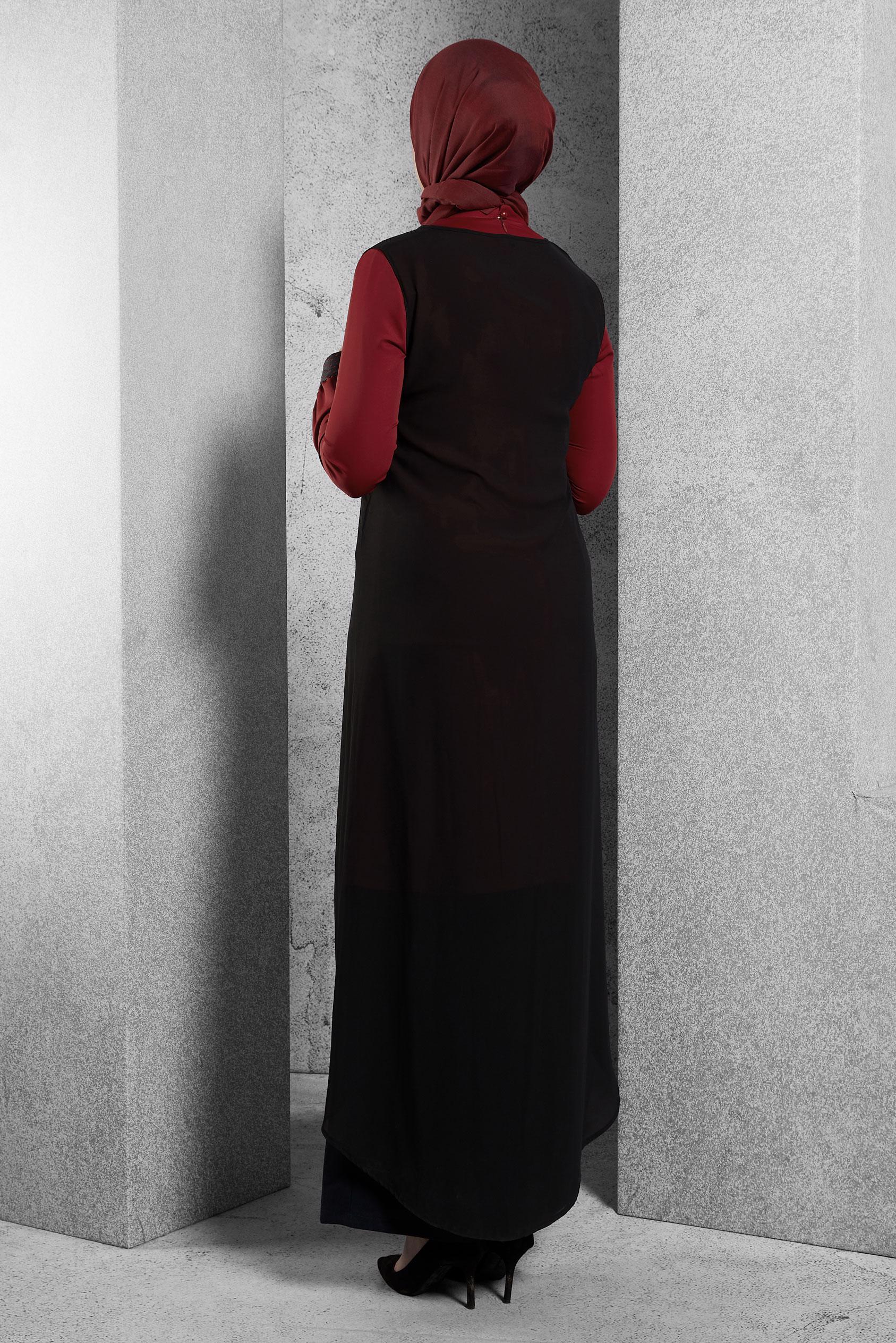 Tesettür giyim BORDO ASİMETRİK KESİM YELEKLİ TUNİK 4070