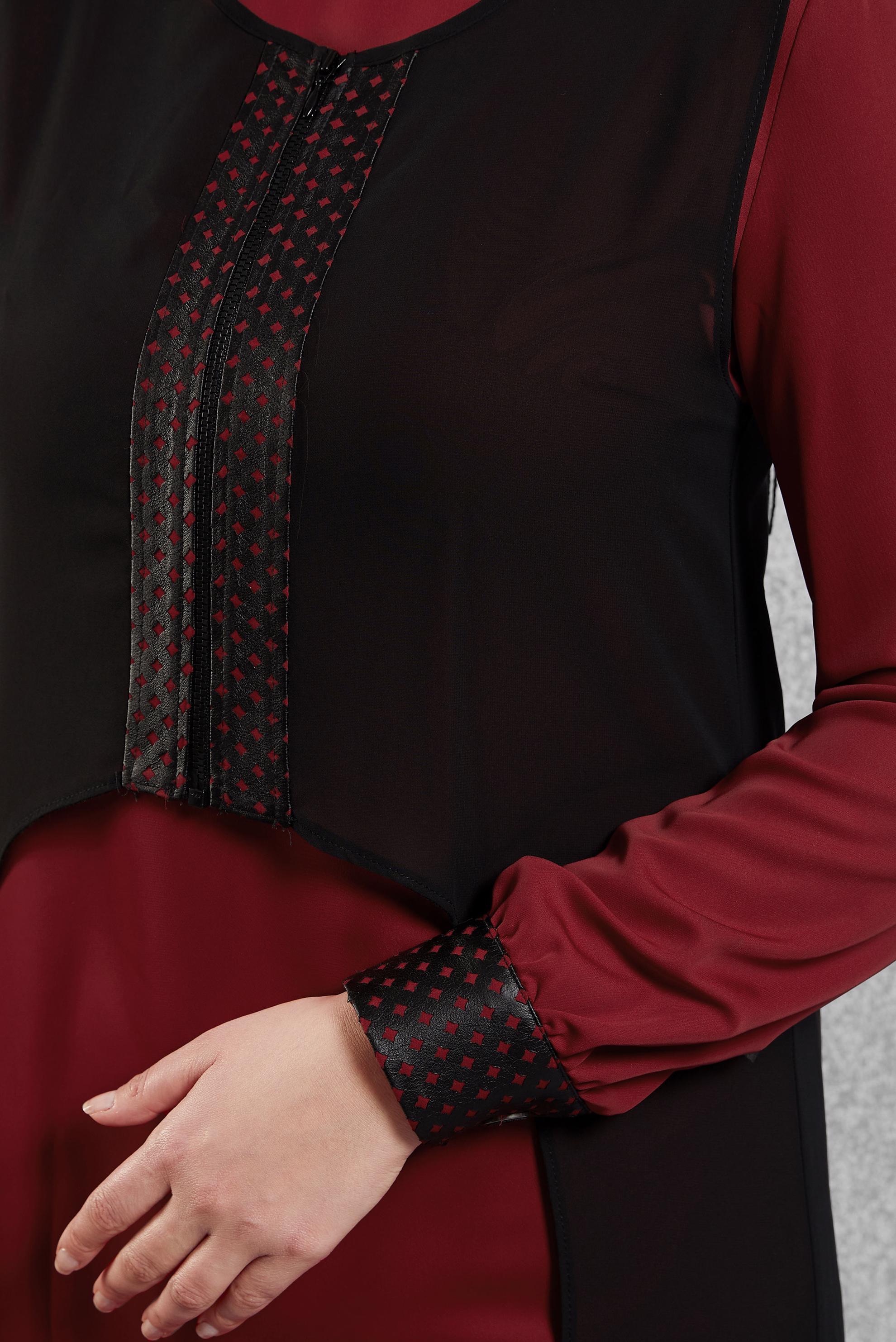 Tesettür giyim BORDO ASİMETRİK KESİM YELEKLİ TUNİK 4070