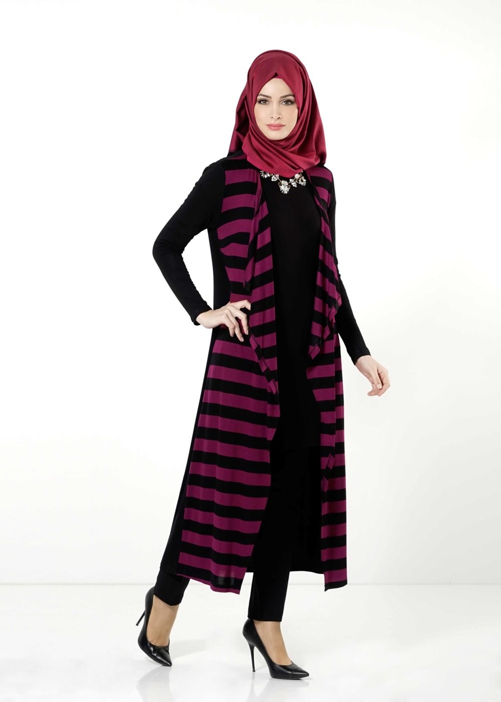Tesettür giyim FUŞYA ÇİZGİLİ TUNİK 4086 