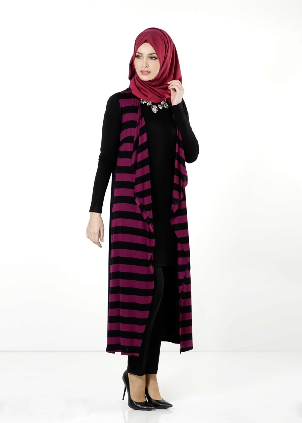 Tesettür giyim FUŞYA ÇİZGİLİ TUNİK 4086 