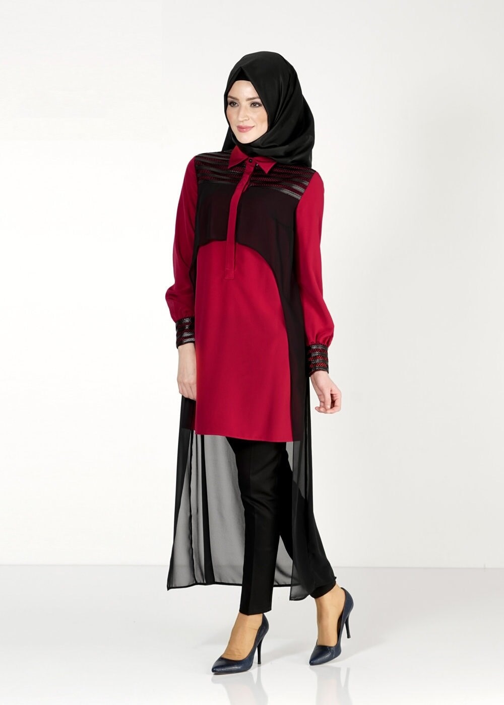 Tesettür giyim KIRMIZI TÜL DETAYLI TUNİK 4088 