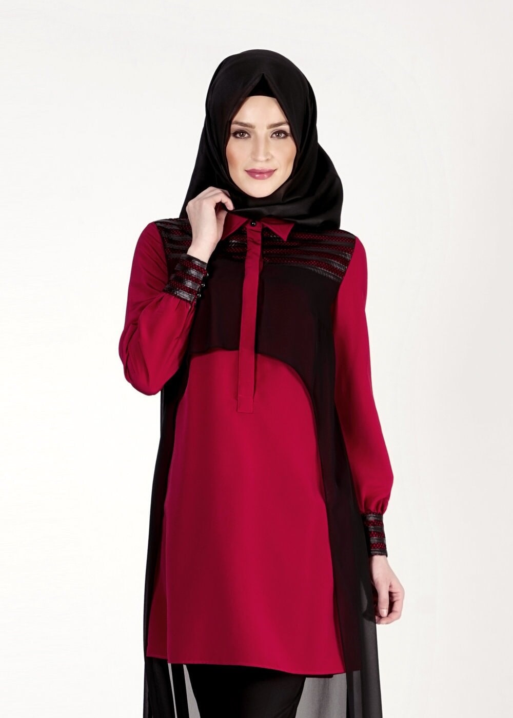 Tesettür giyim KIRMIZI TÜL DETAYLI TUNİK 4088 