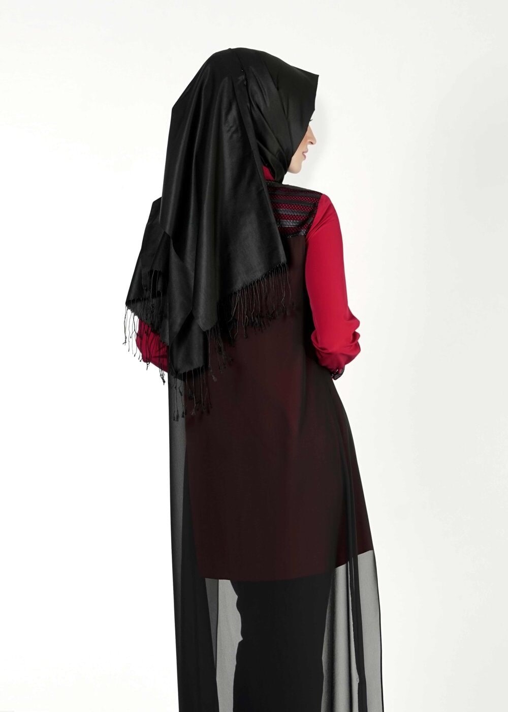 Tesettür giyim KIRMIZI TÜL DETAYLI TUNİK 4088 