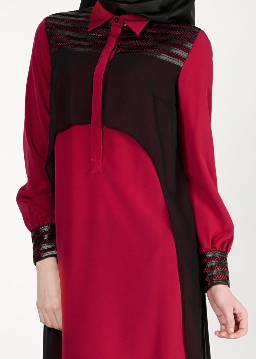 Tesettür giyim KIRMIZI TÜL DETAYLI TUNİK 4088 