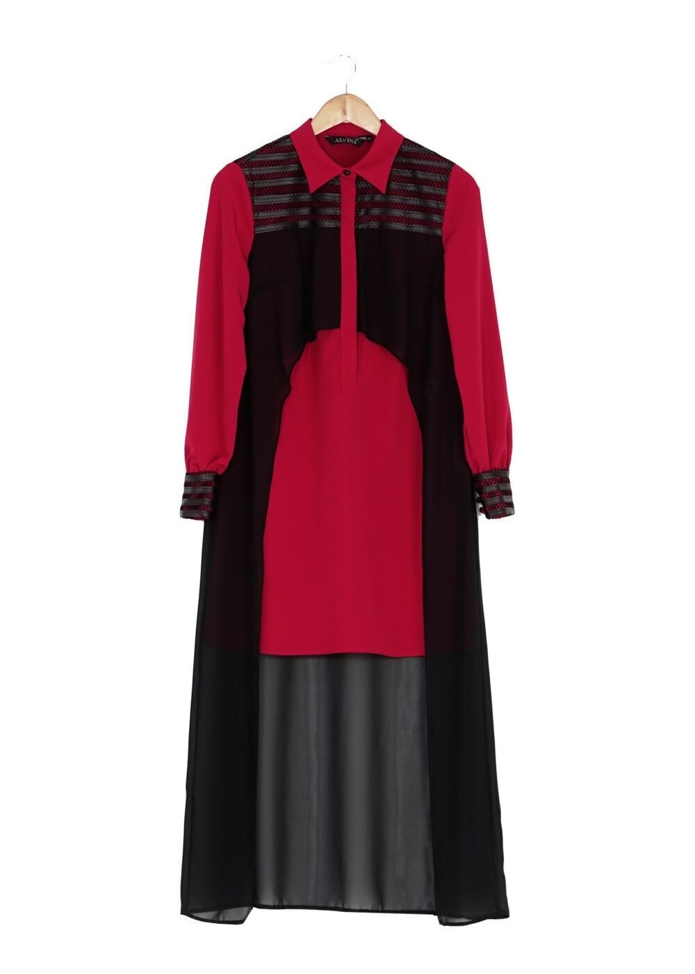 Tesettür giyim KIRMIZI TÜL DETAYLI TUNİK 4088 