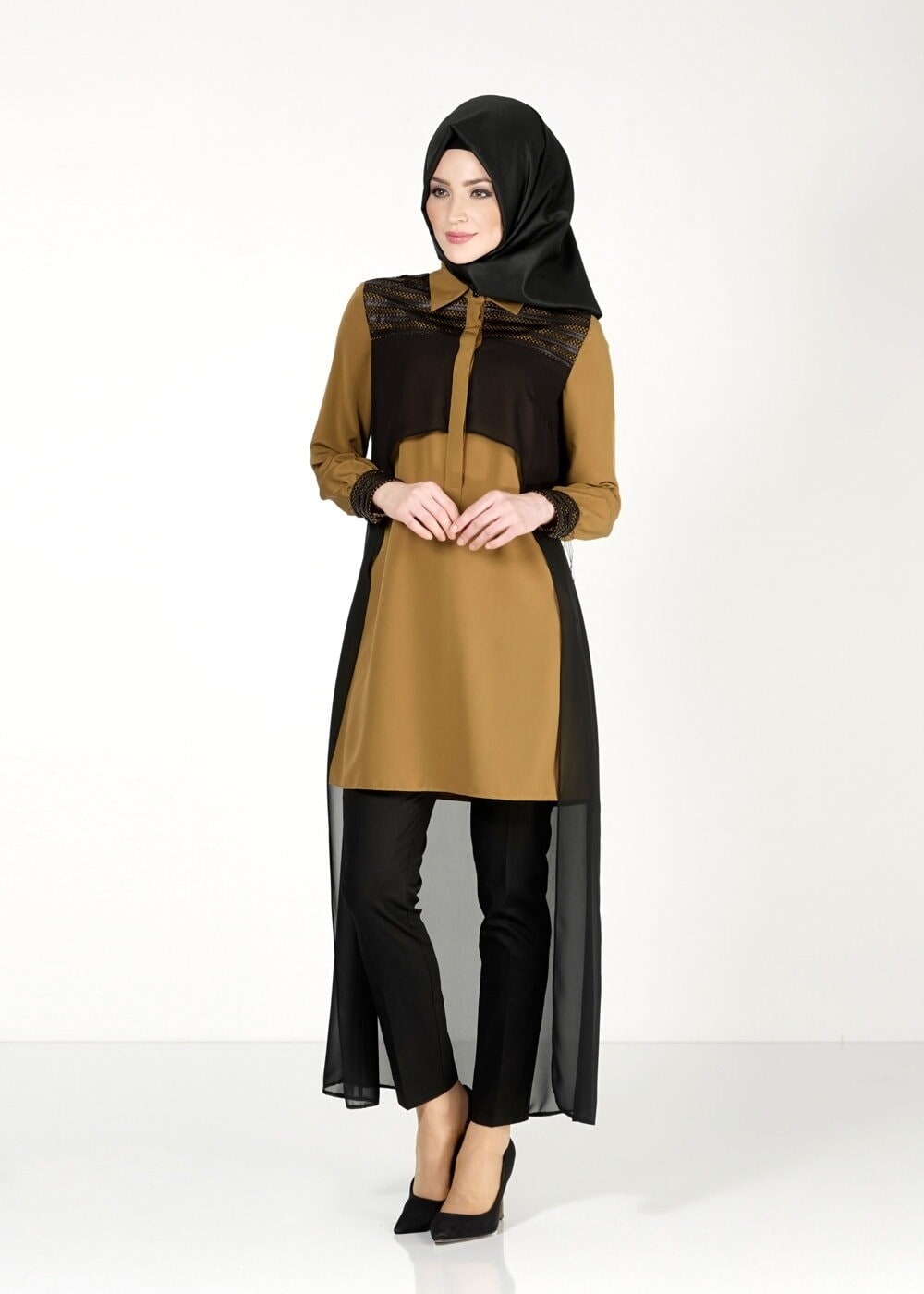 Tesettür giyim SARI TÜL DETAYLI TUNİK 4088 