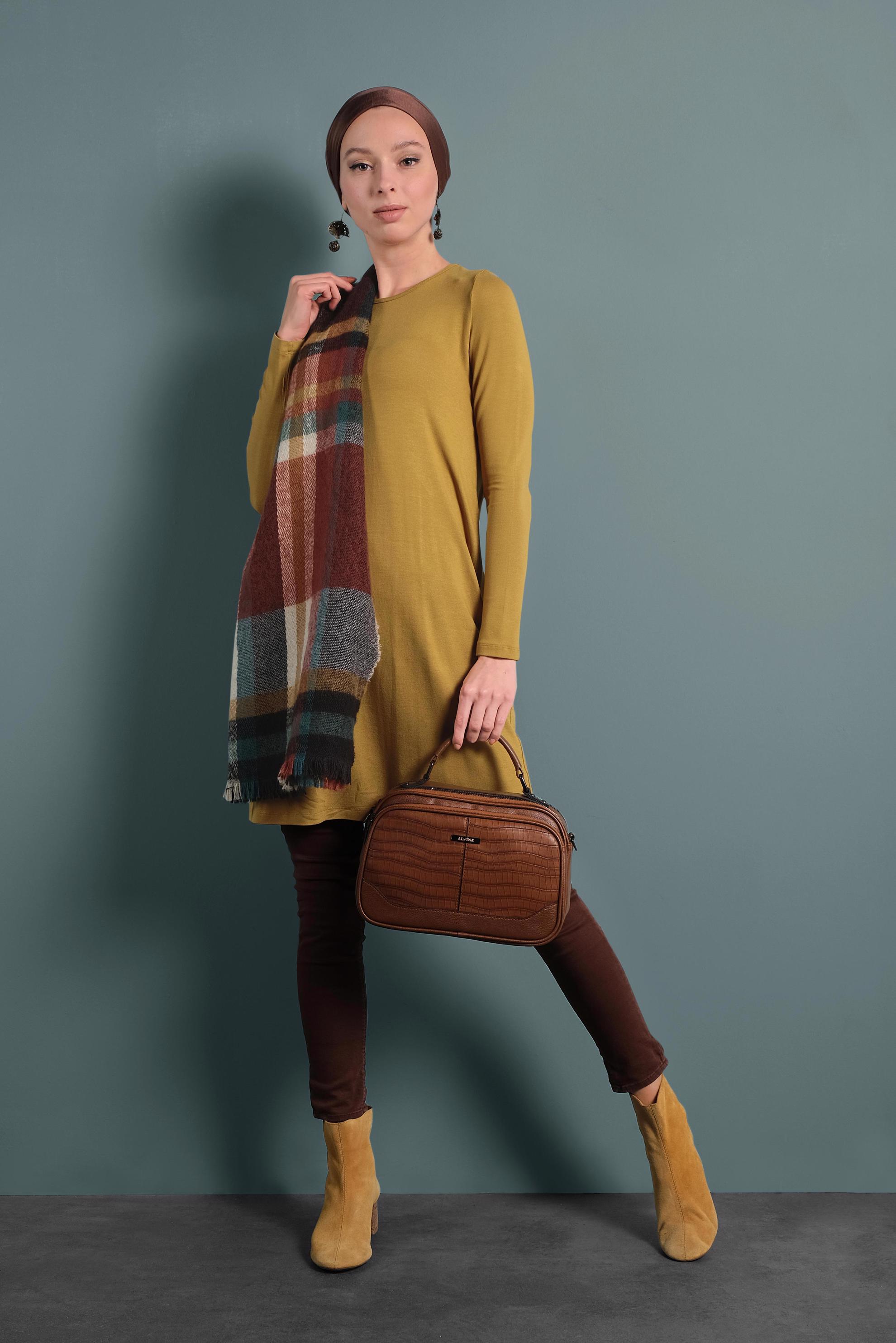 Tesettür giyim SARI YUVARLAK YAKA TRİKO TUNİK 4098