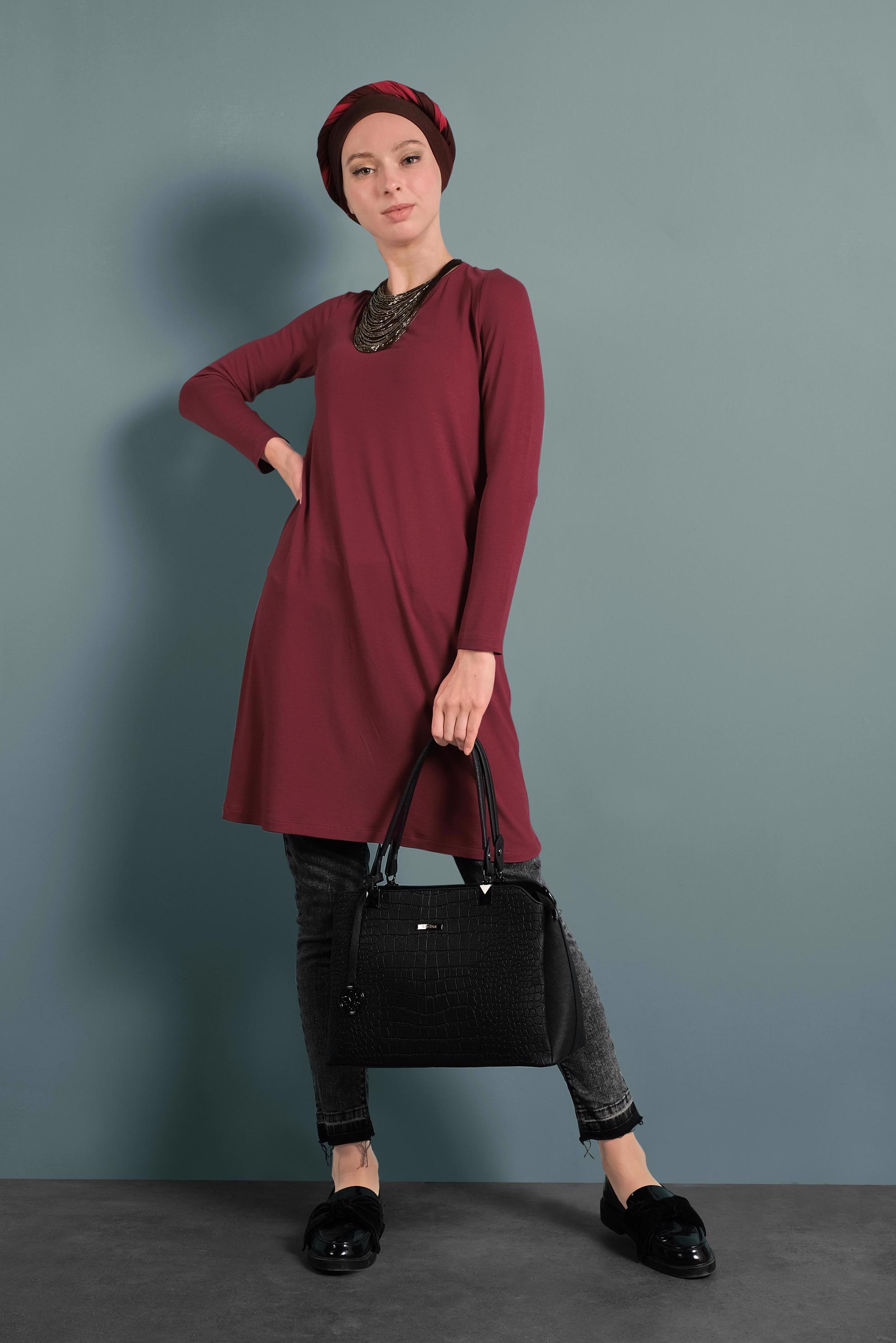 Tesettür giyim BORDO YUVARLAK YAKA TRİKO TUNİK 4098