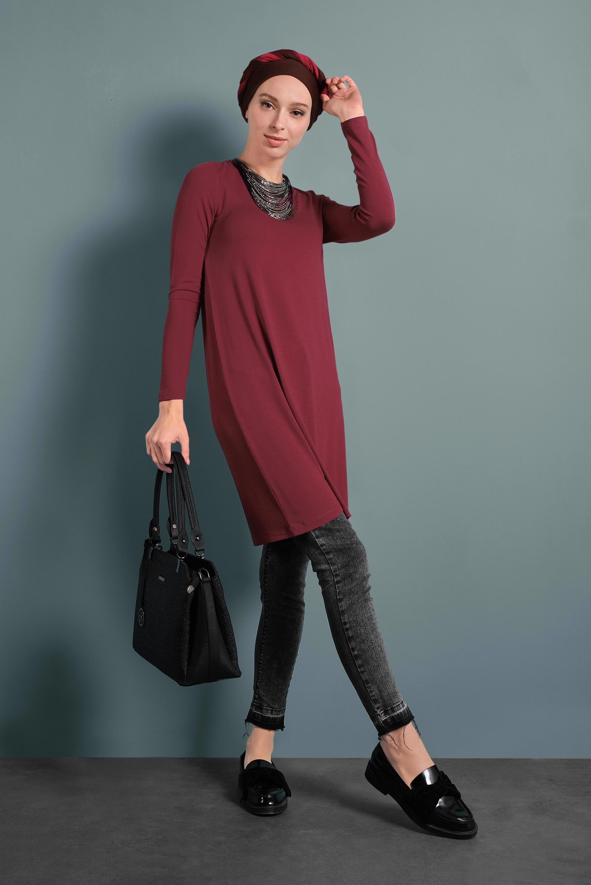 Tesettür giyim BORDO YUVARLAK YAKA TRİKO TUNİK 4098