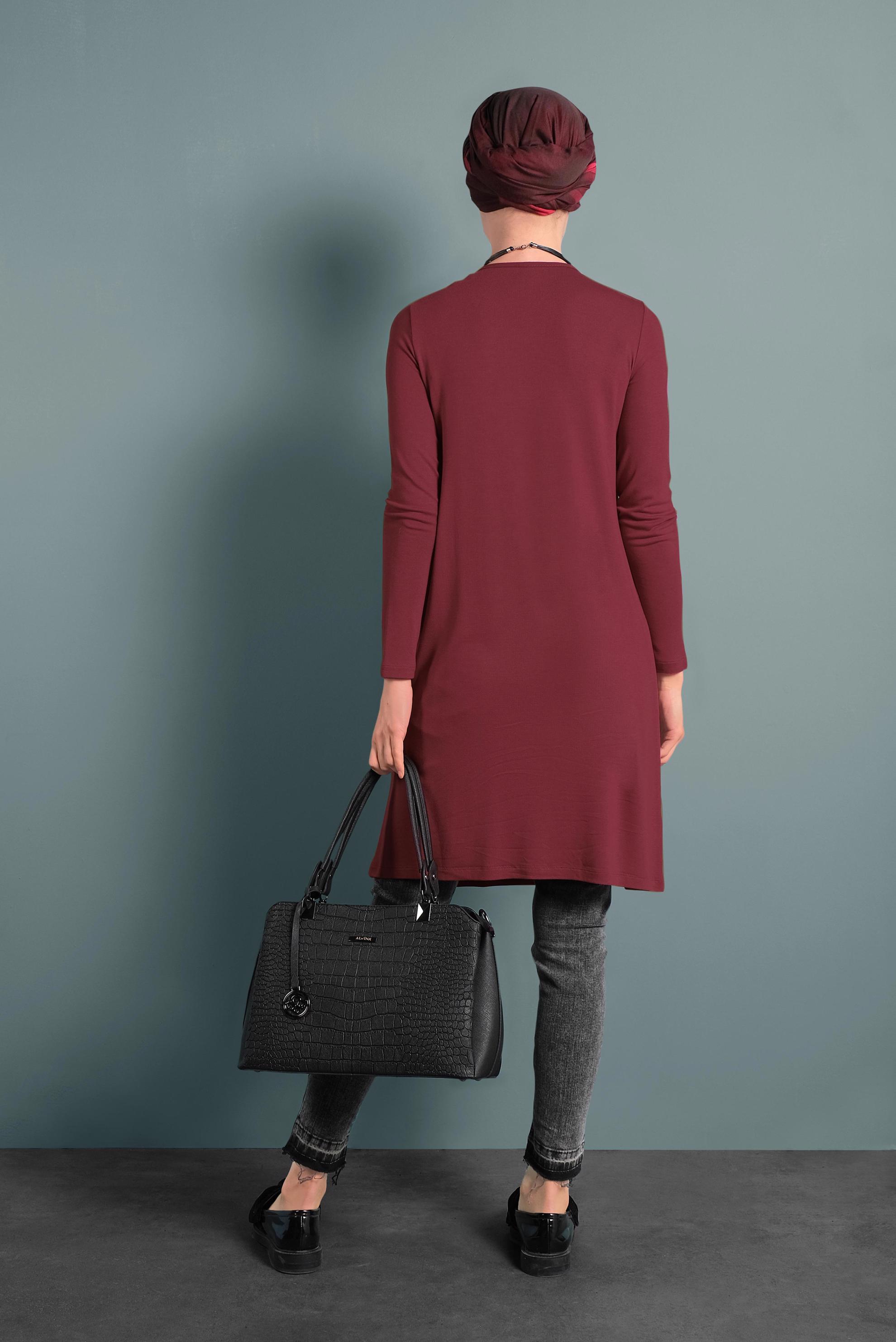Tesettür giyim BORDO YUVARLAK YAKA TRİKO TUNİK 4098