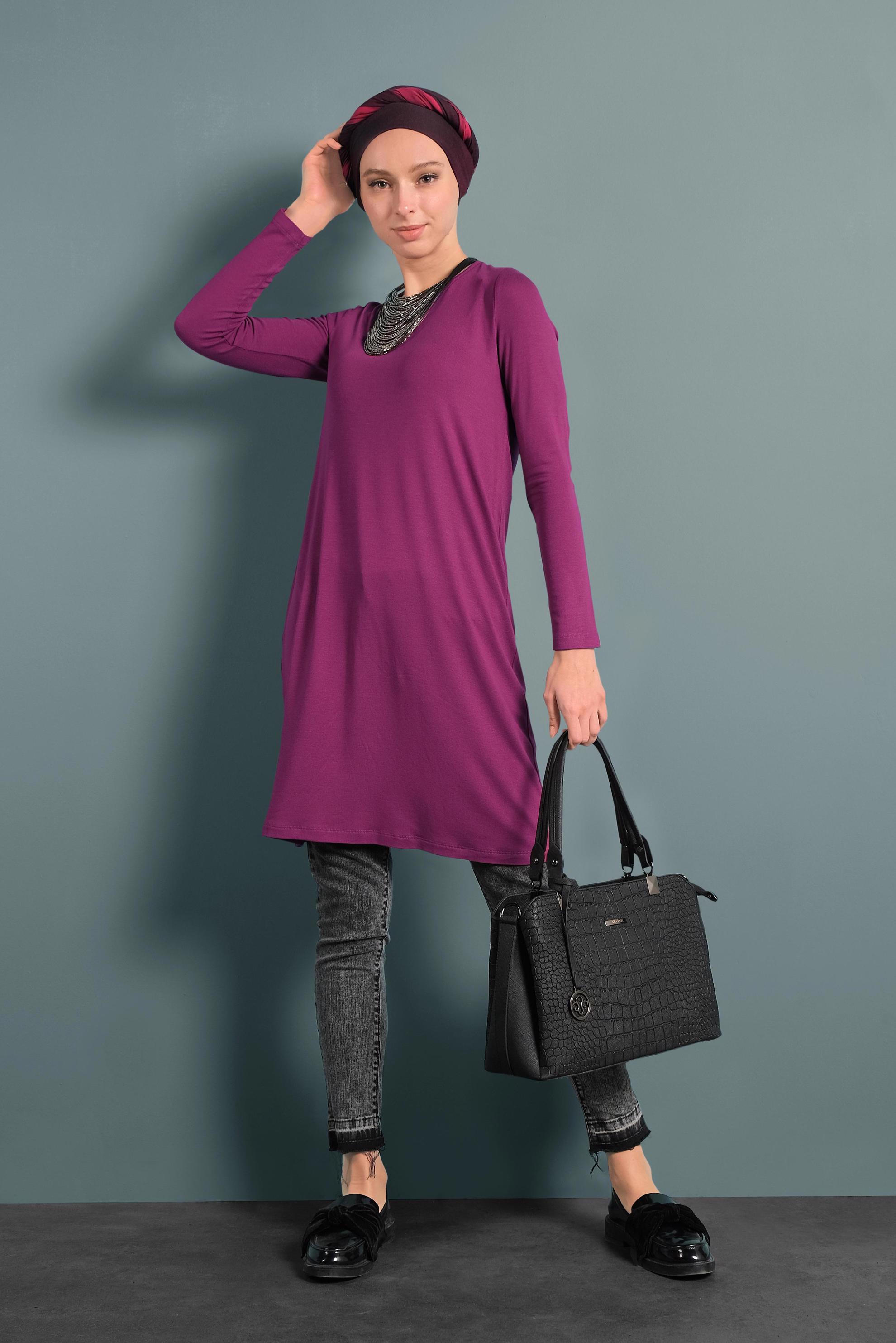 Tesettür giyim FUŞYA YUVARLAK YAKA TRİKO TUNİK 4098