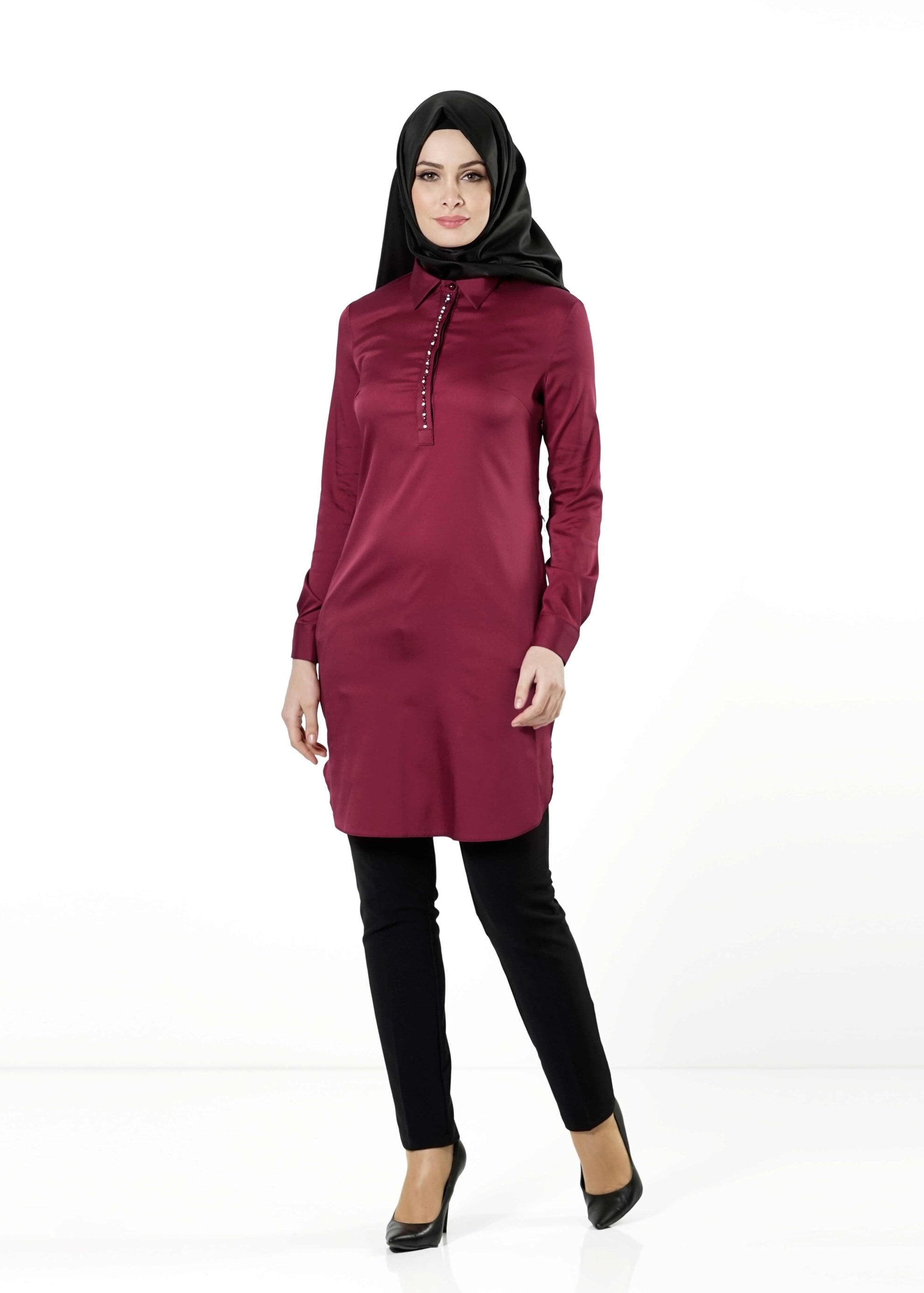 Tesettür giyim BORDO DÜĞMELİ SATEN TUNİK 4130 