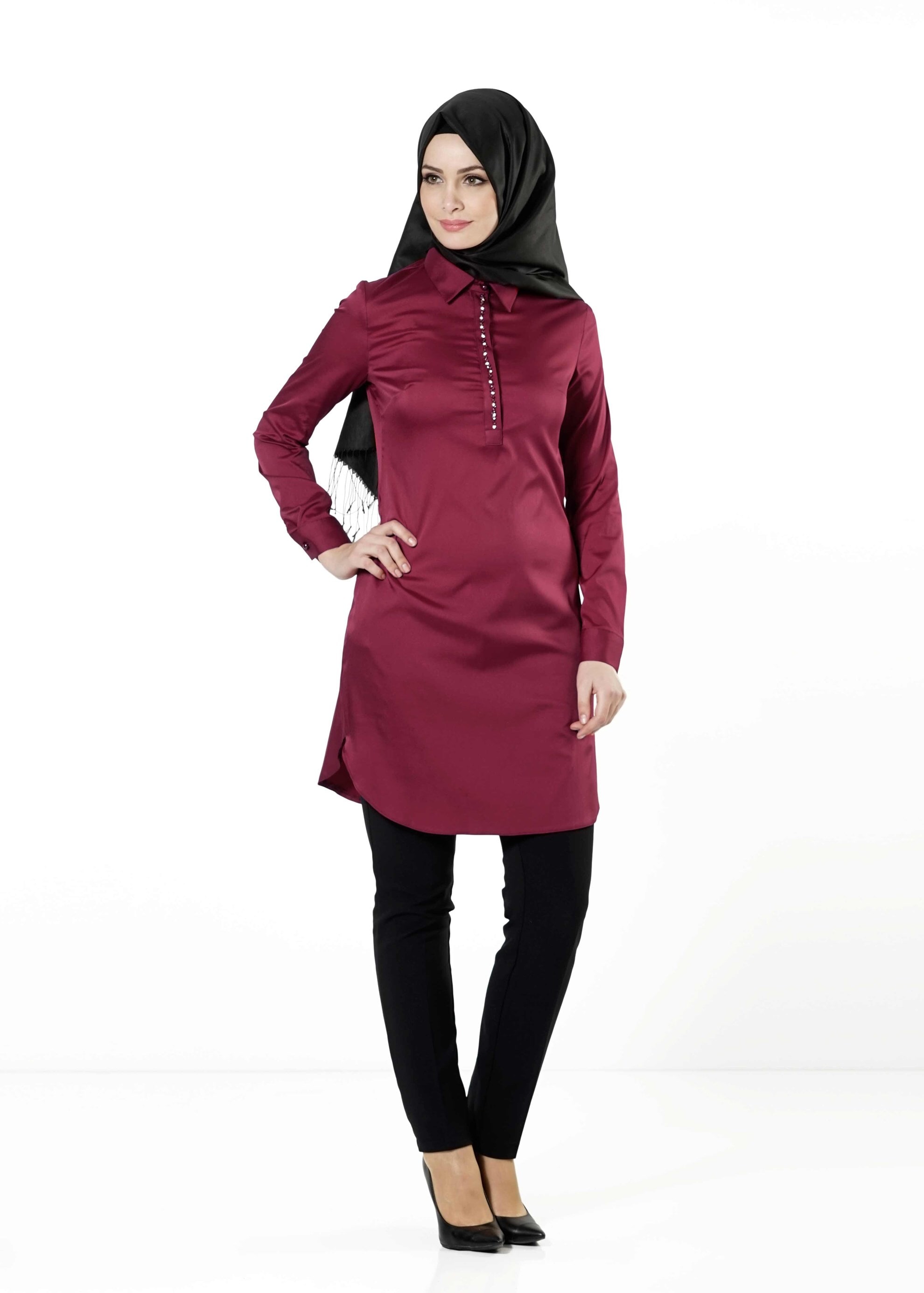 Tesettür giyim BORDO DÜĞMELİ SATEN TUNİK 4130 