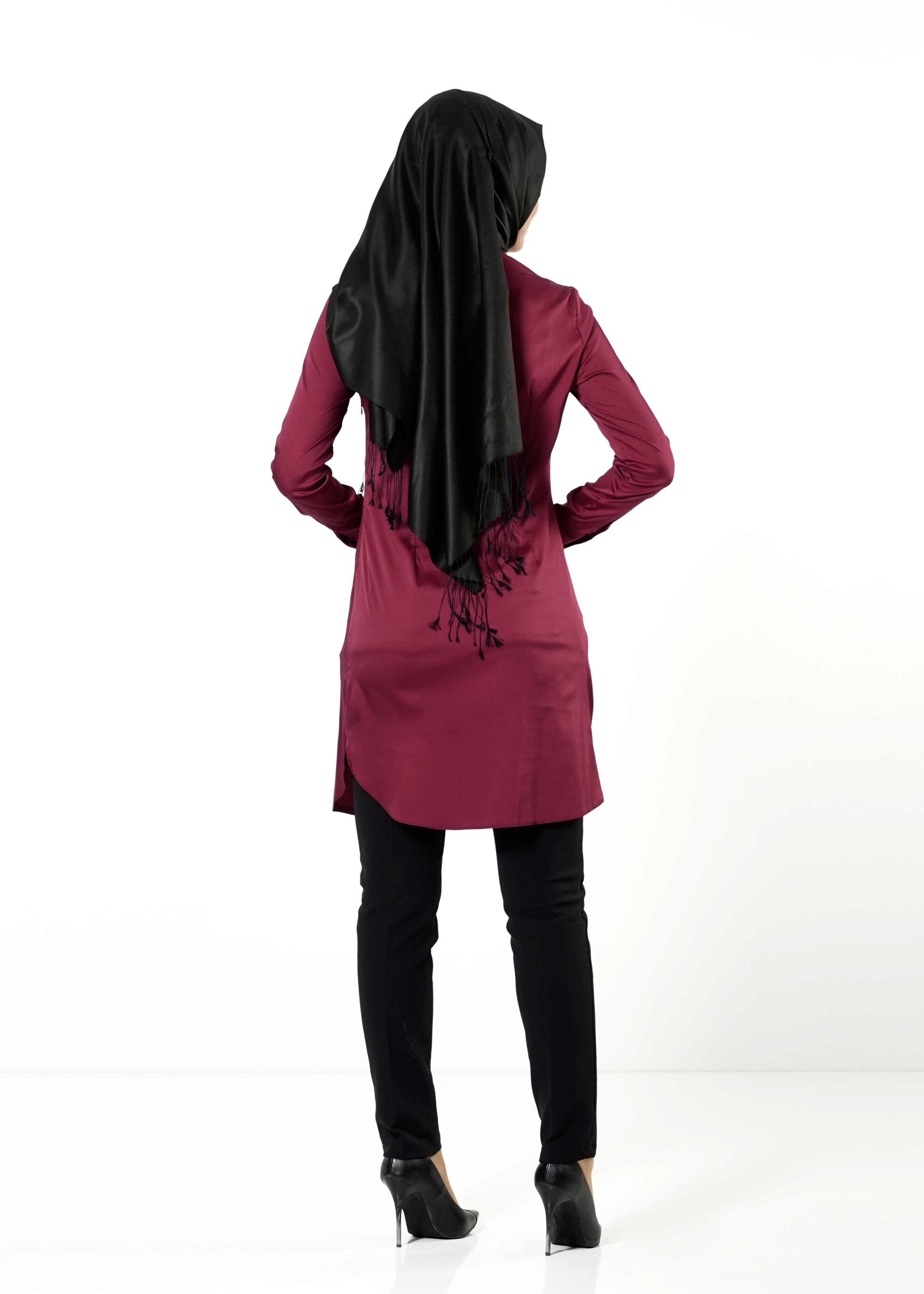 Tesettür giyim BORDO DÜĞMELİ SATEN TUNİK 4130 