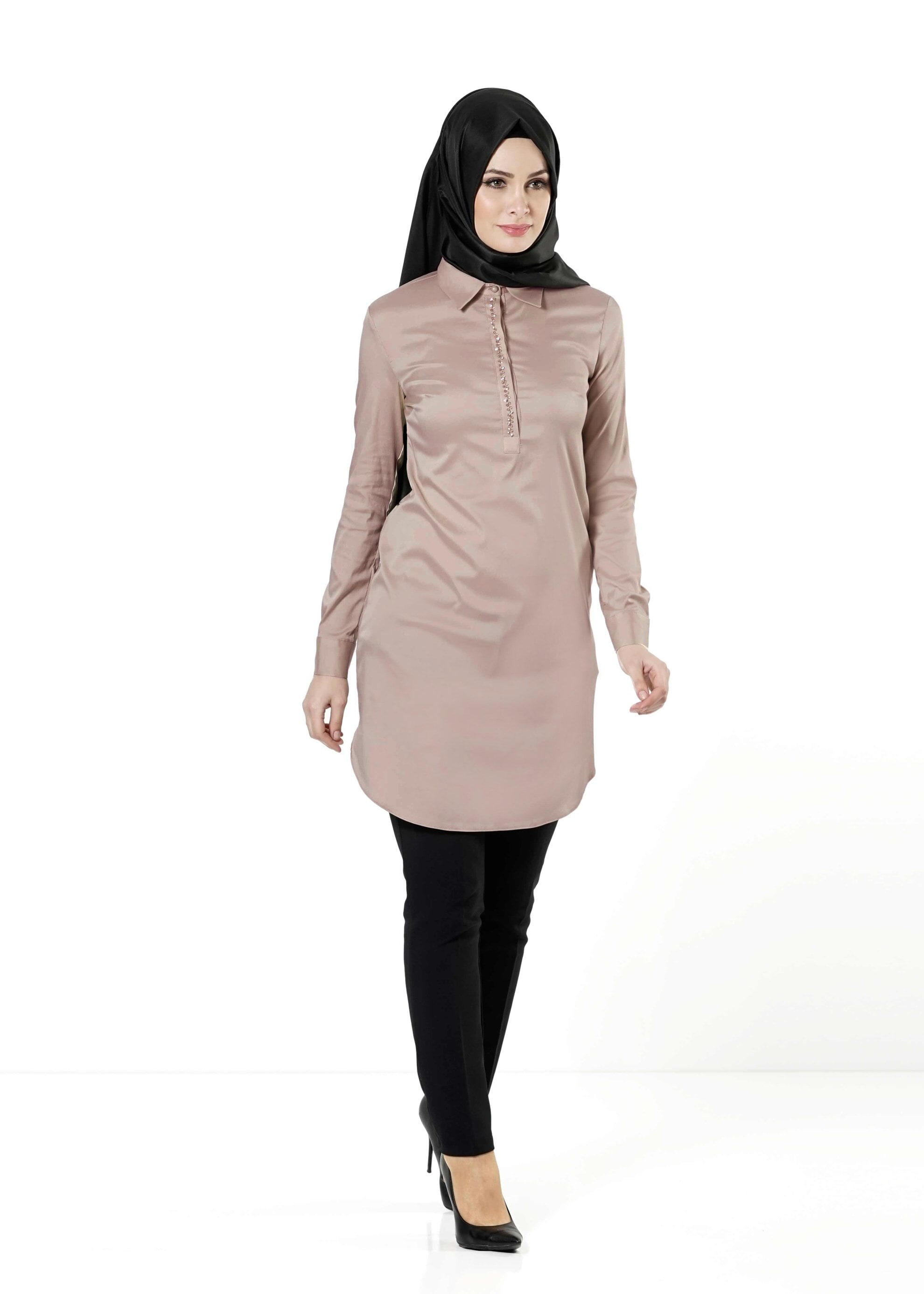 Tesettür giyim PUDRA DÜĞMELİ SATEN TUNİK 4130 