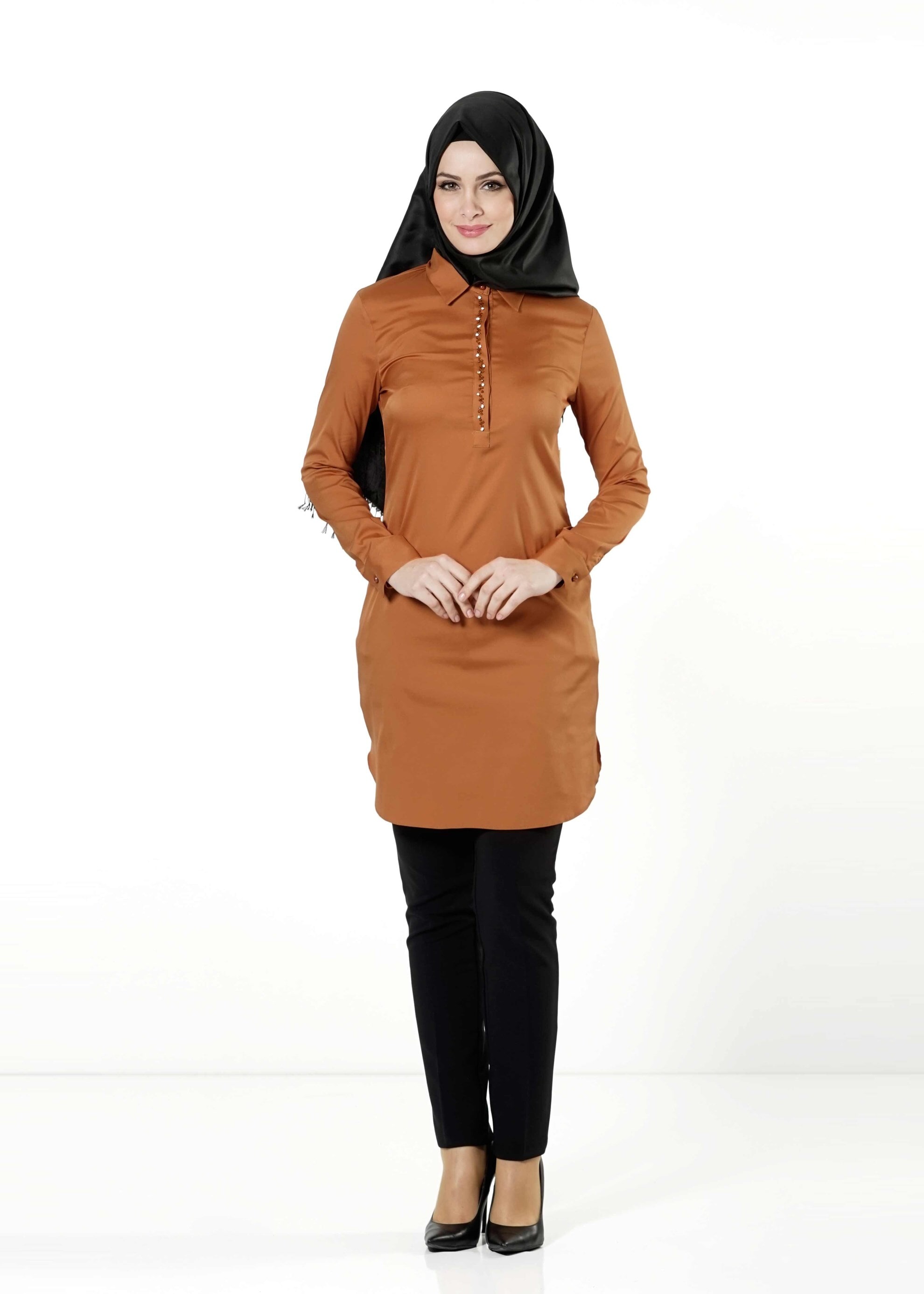 Tesettür giyim TURUNCU DÜĞMELİ SATEN TUNİK 4130 