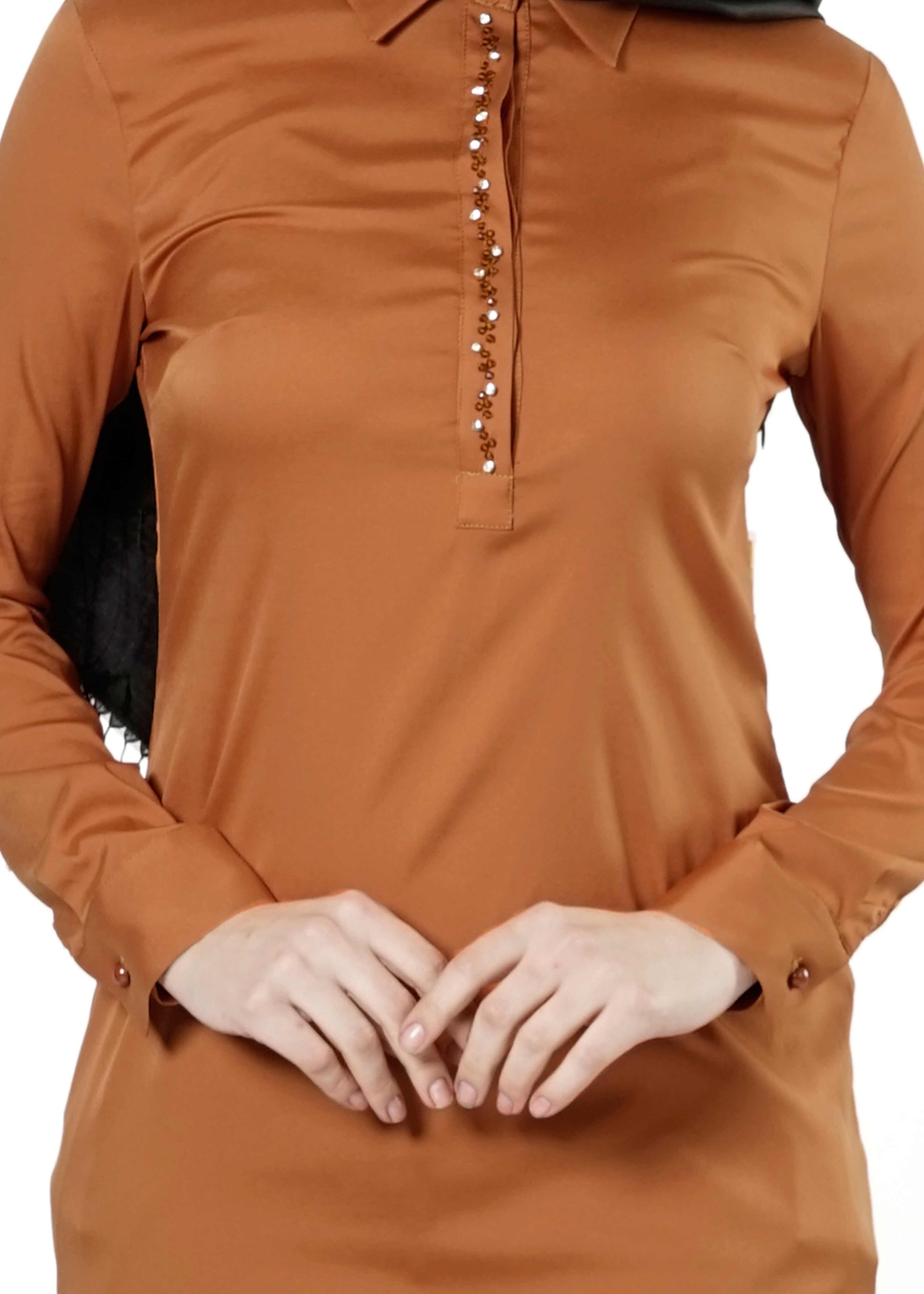 Tesettür giyim TURUNCU DÜĞMELİ SATEN TUNİK 4130 