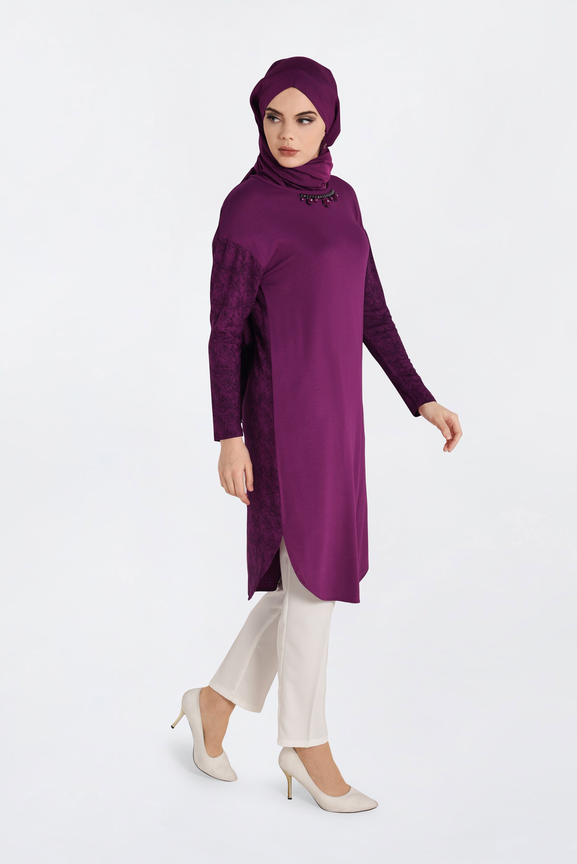 Tesettür giyim FUŞYA AKSESUARLI BASKILI TUNİK 4186 