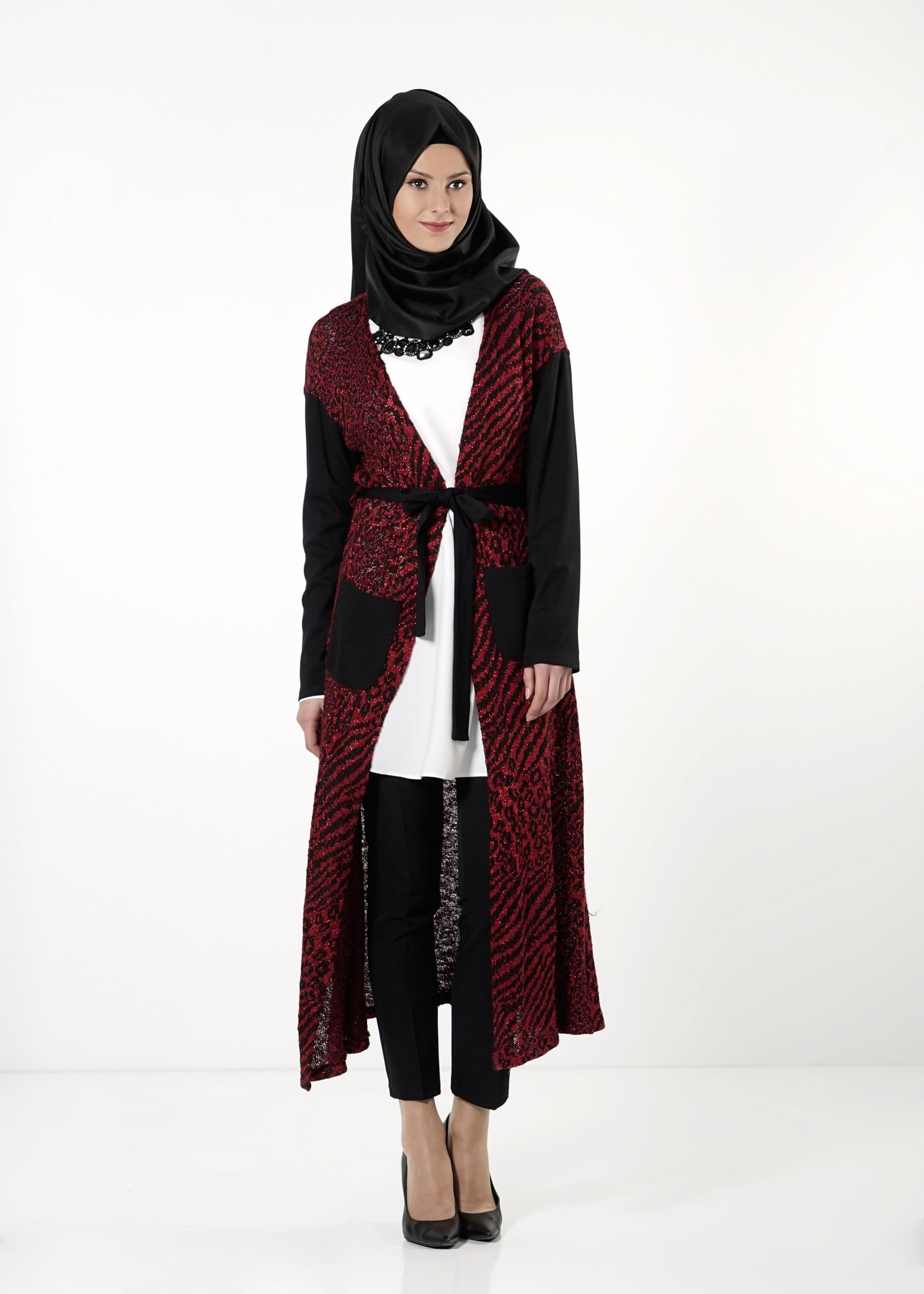 Tesettür giyim BORDO DESENLİ KUŞAKLI TUNİK 4192 