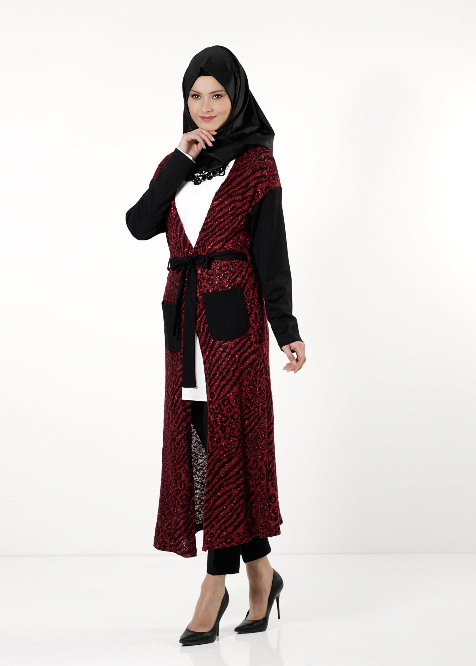 Tesettür giyim BORDO DESENLİ KUŞAKLI TUNİK 4192 
