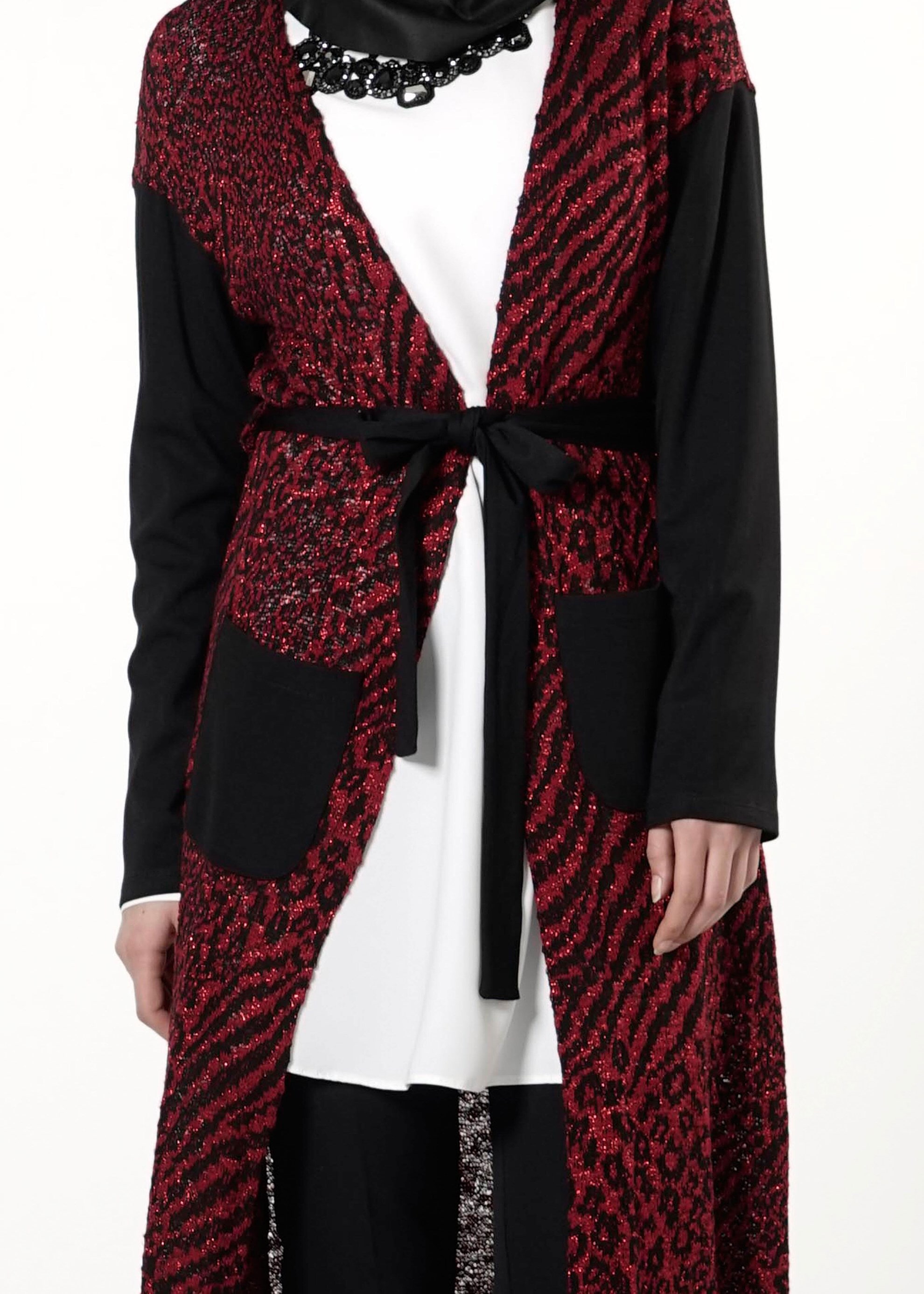 Tesettür giyim BORDO DESENLİ KUŞAKLI TUNİK 4192 