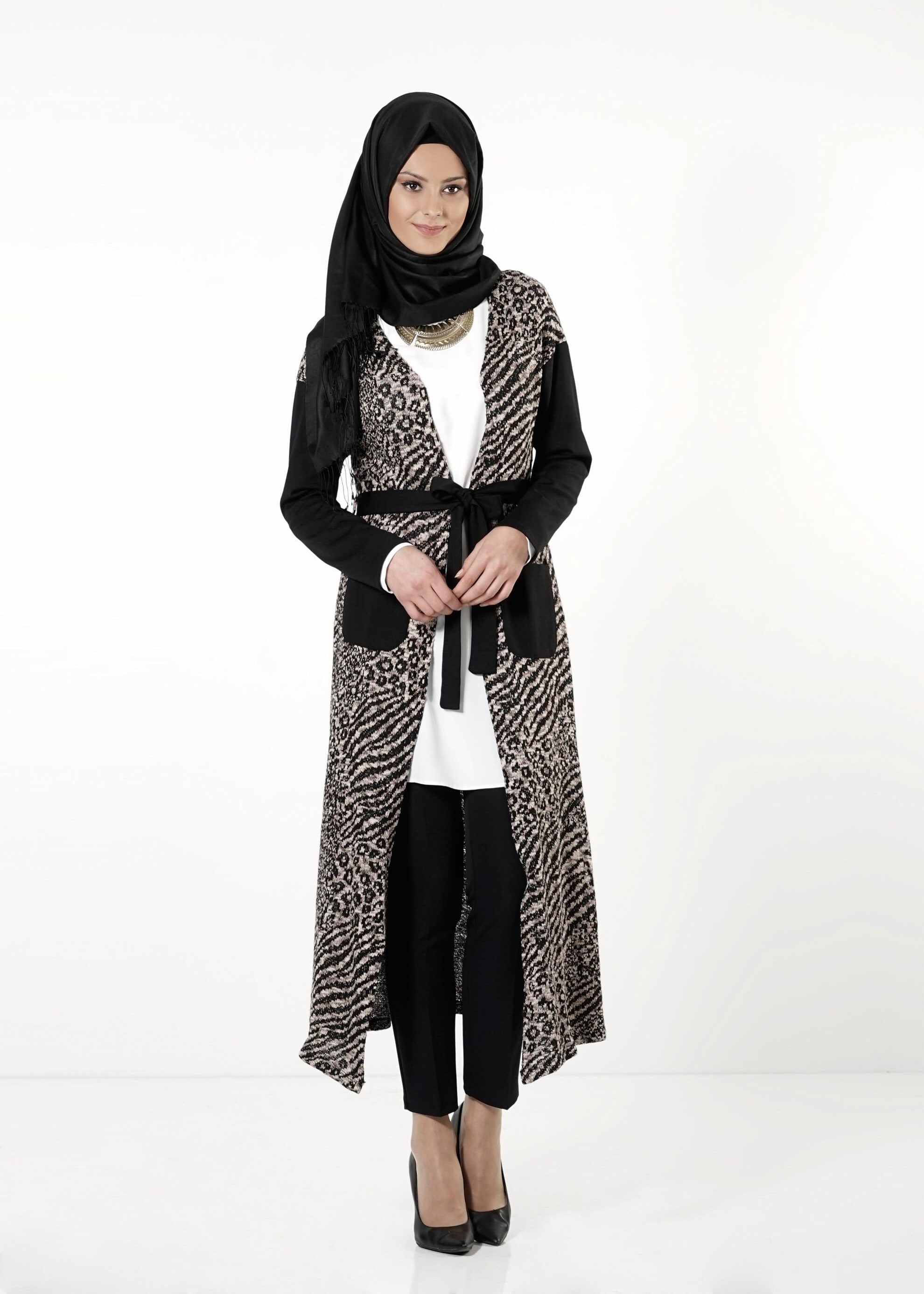 Tesettür giyim VİZON DESENLİ KUŞAKLI TUNİK 4192 