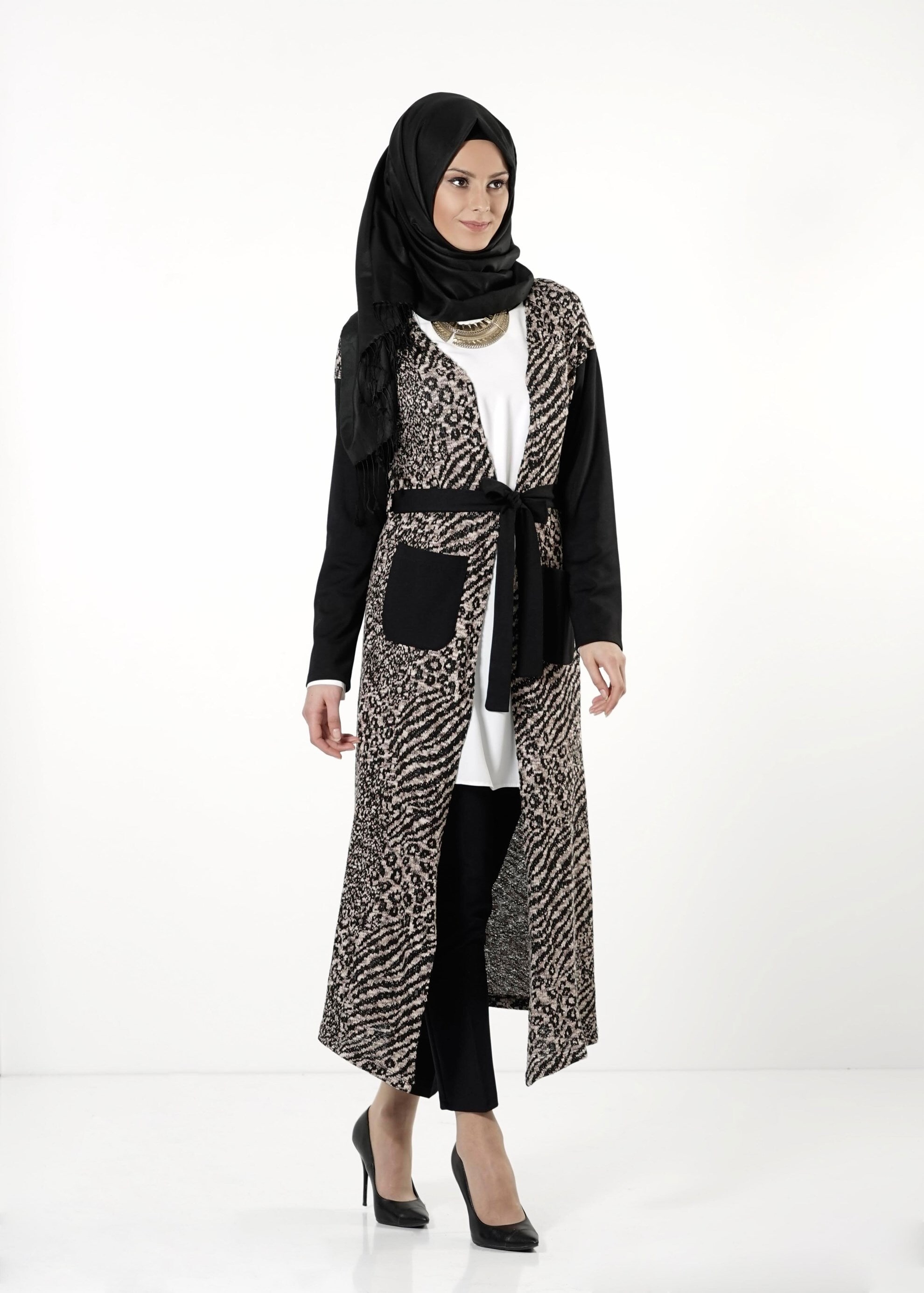 Tesettür giyim VİZON DESENLİ KUŞAKLI TUNİK 4192 