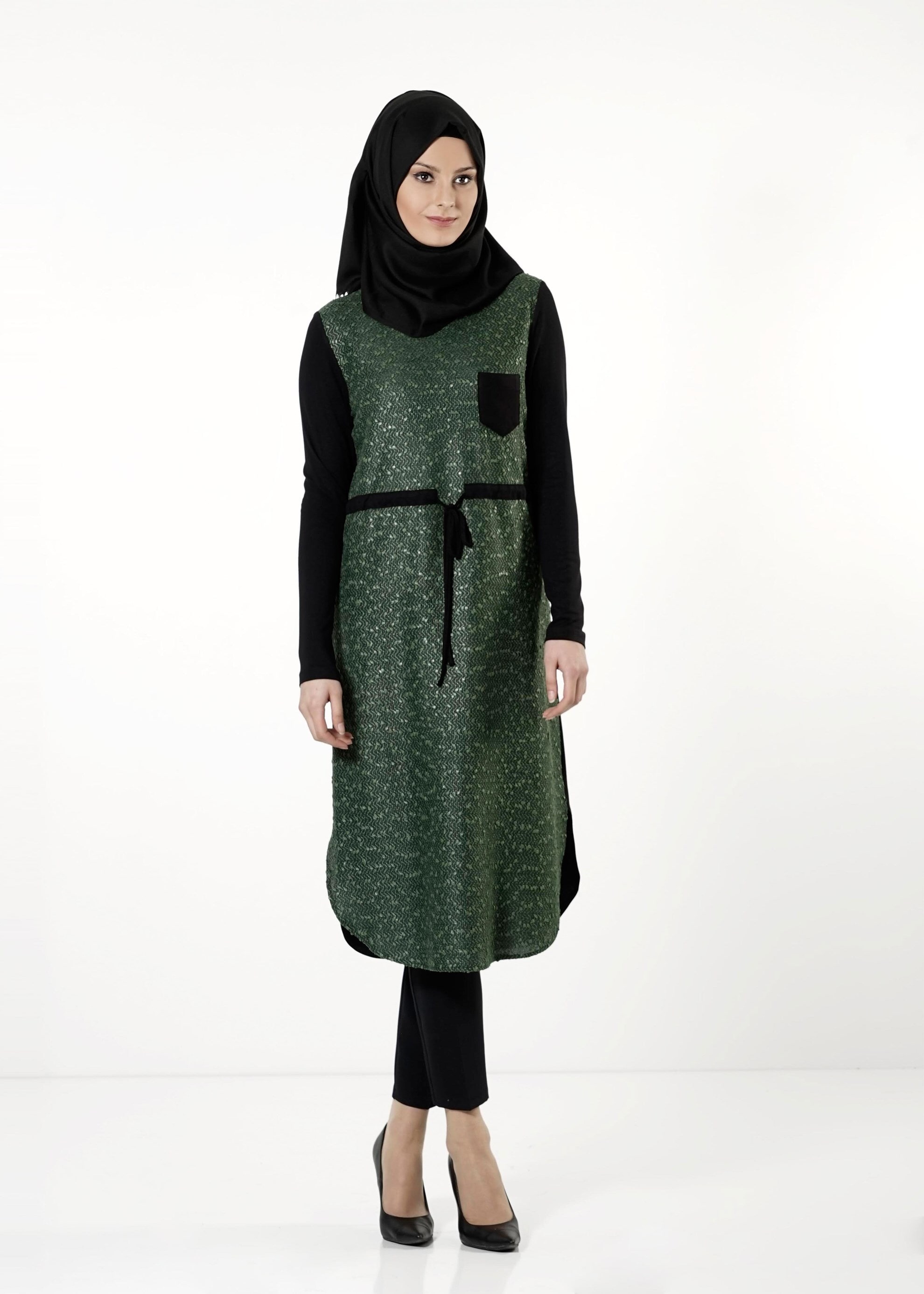 Tesettür giyim YEŞİL BELİ BÜZGÜLÜ TUNİK 4195 