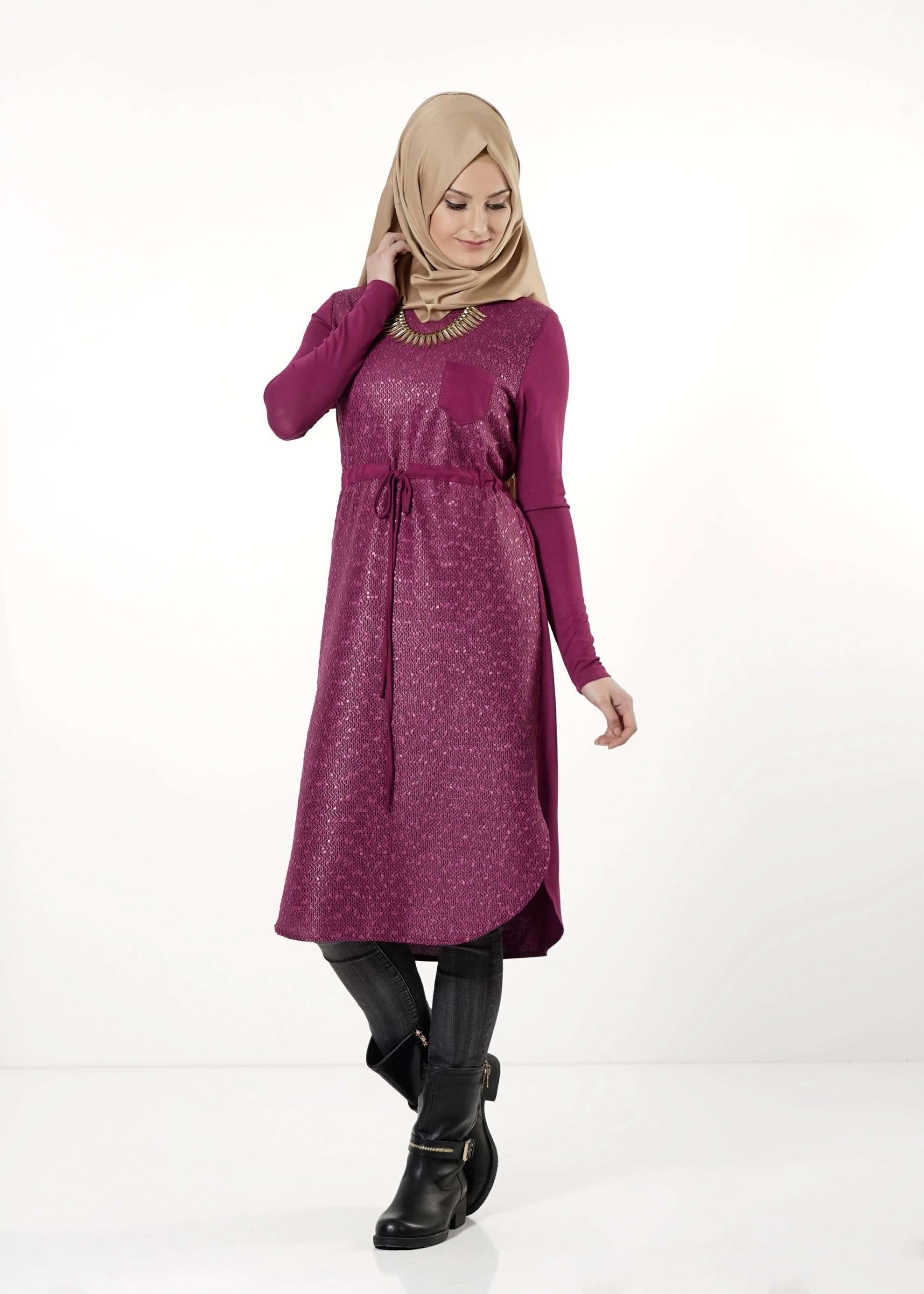 Tesettür giyim FUŞYA BELİ BÜZGÜLÜ TUNİK 4195 
