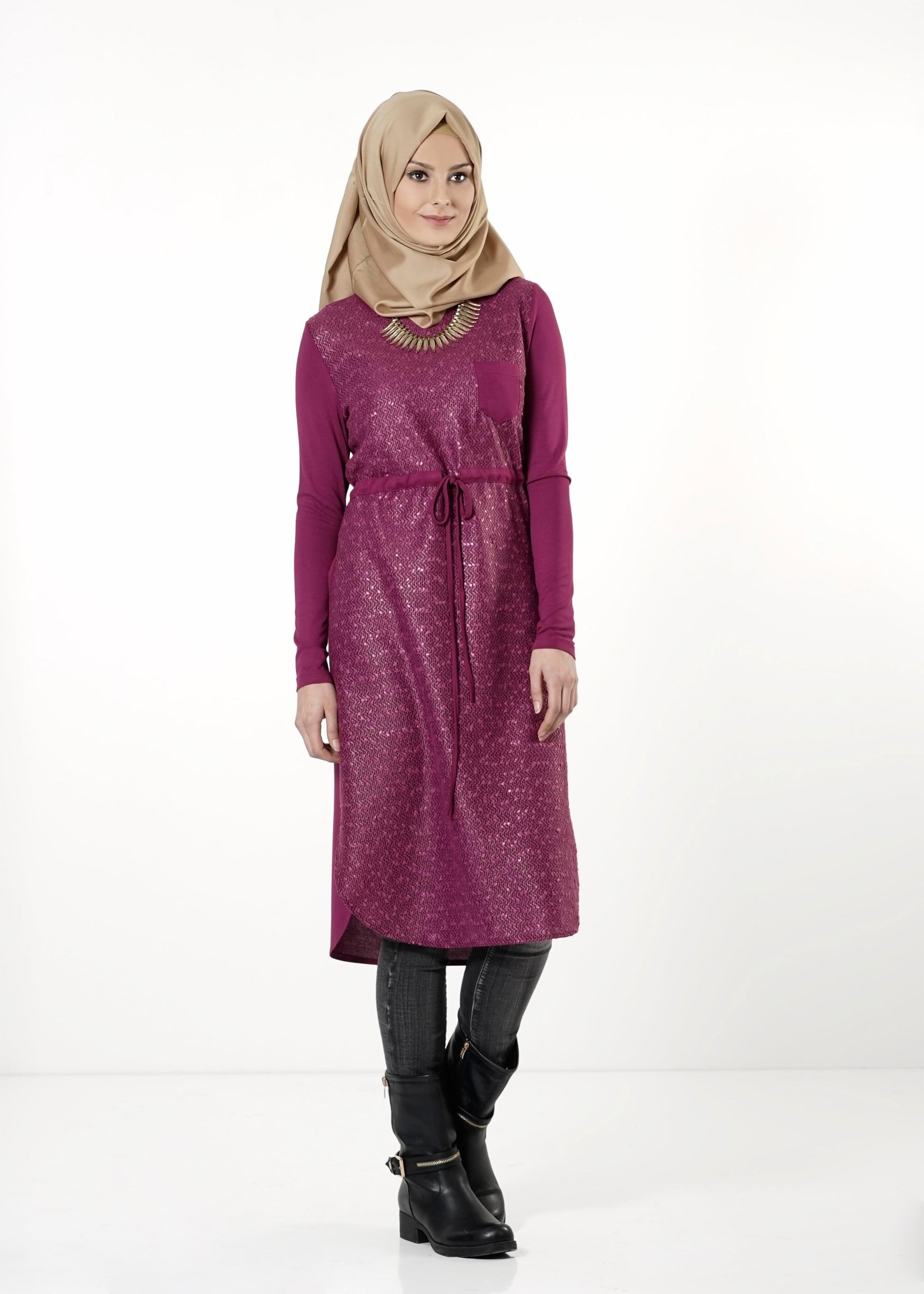 Tesettür giyim FUŞYA BELİ BÜZGÜLÜ TUNİK 4195 