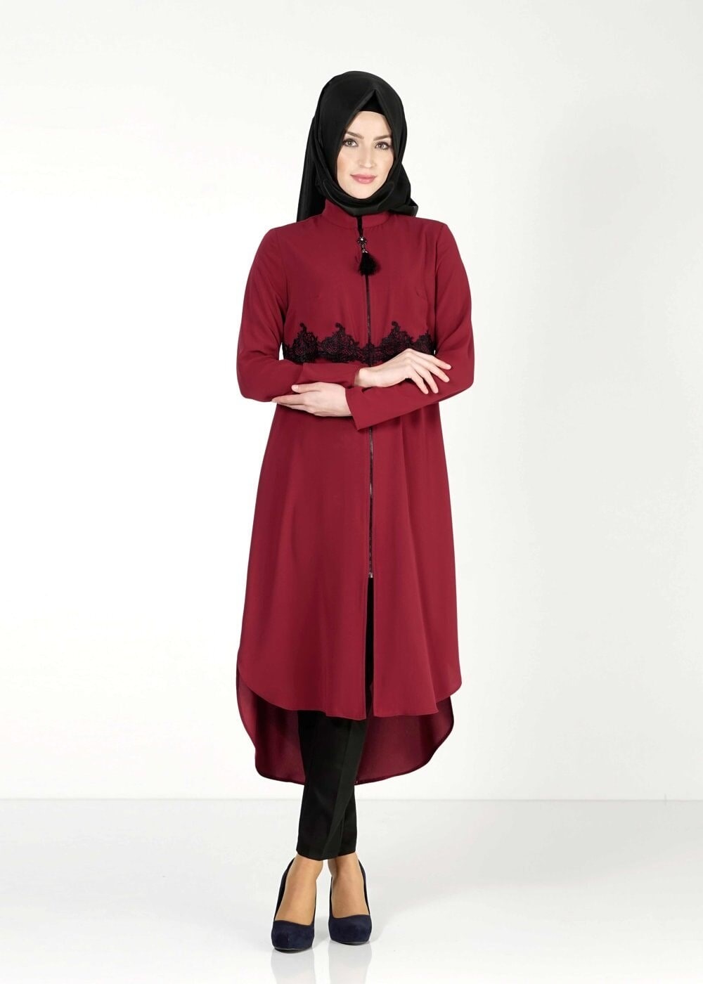 Tesettür giyim BORDO FERMUARLI TUNİK 4790 