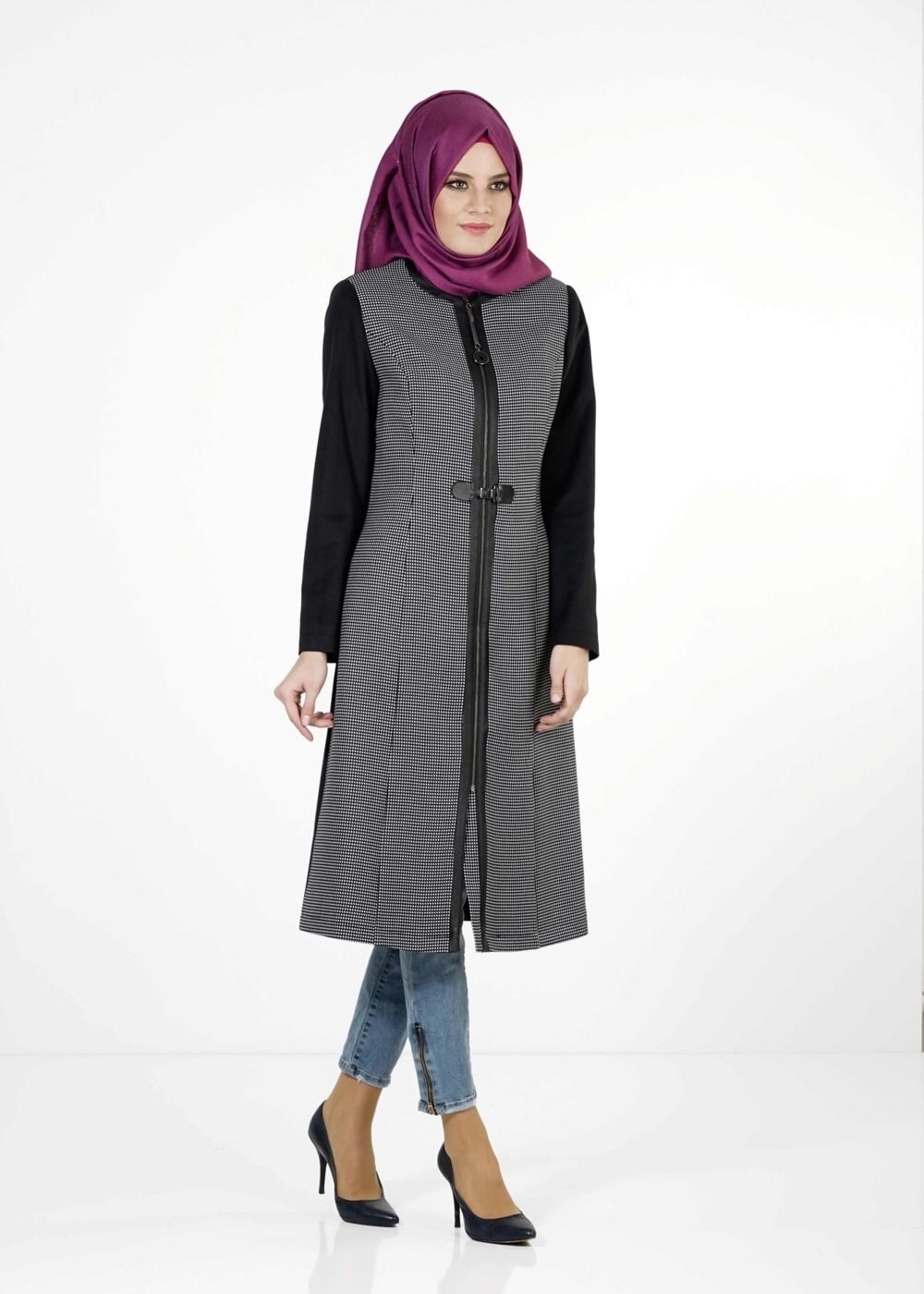 Tesettür giyim LACİVERT PÖTİKARE DESEN TRENÇKOT 1591 