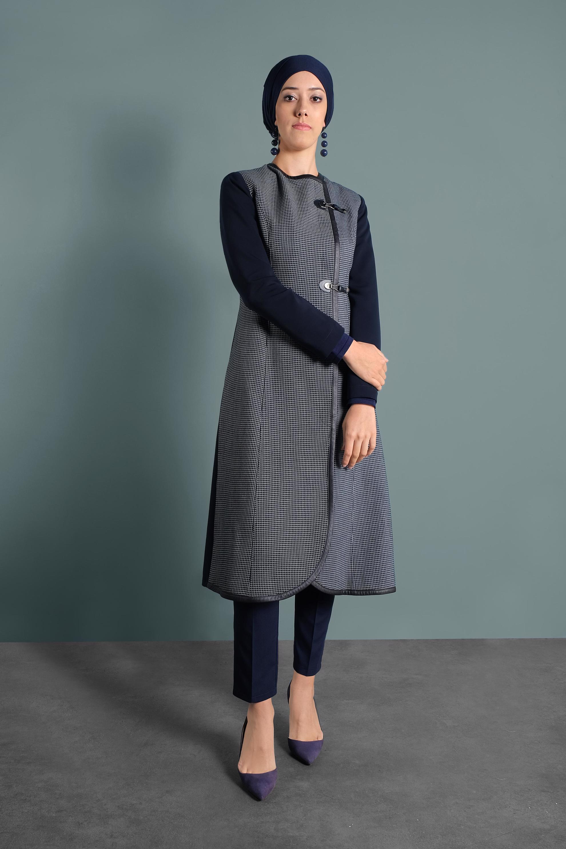 Tesettür giyim LACİVERT KARELİ BİYELİ TRENÇKOT 1592 