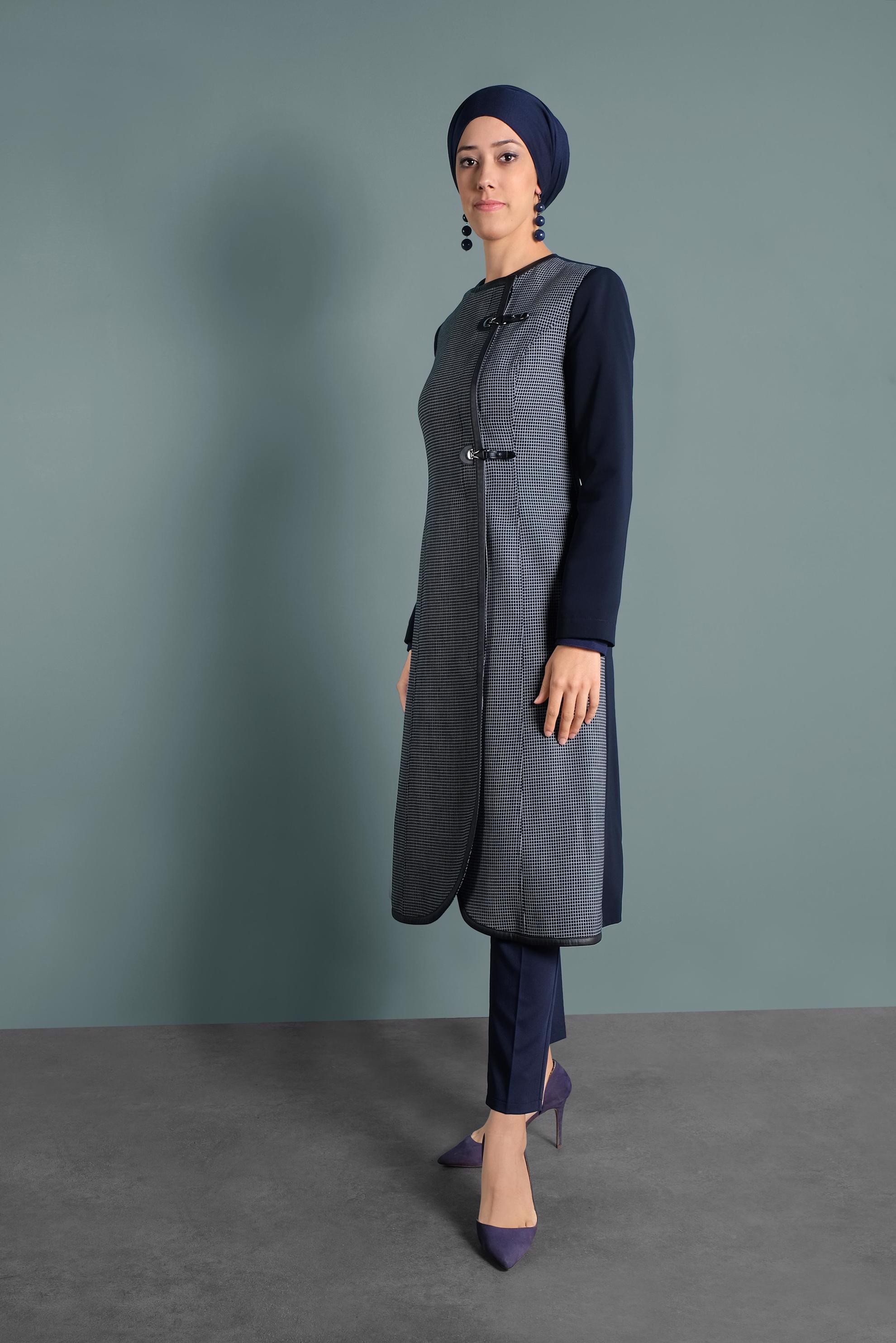 Tesettür giyim LACİVERT KARELİ BİYELİ TRENÇKOT 1592 