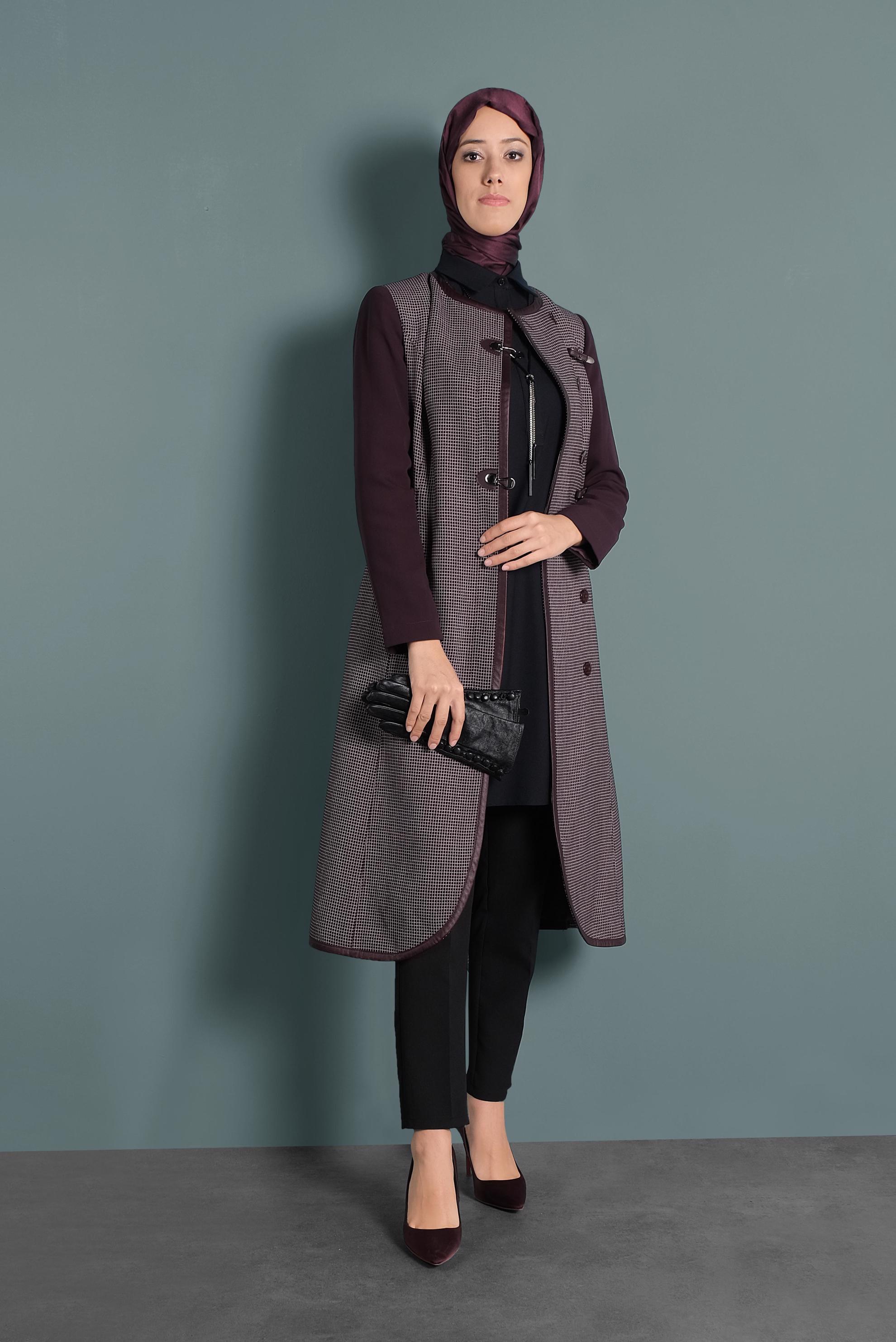Tesettür giyim MÜRDÜM KARELİ BİYELİ TRENÇKOT 1592 