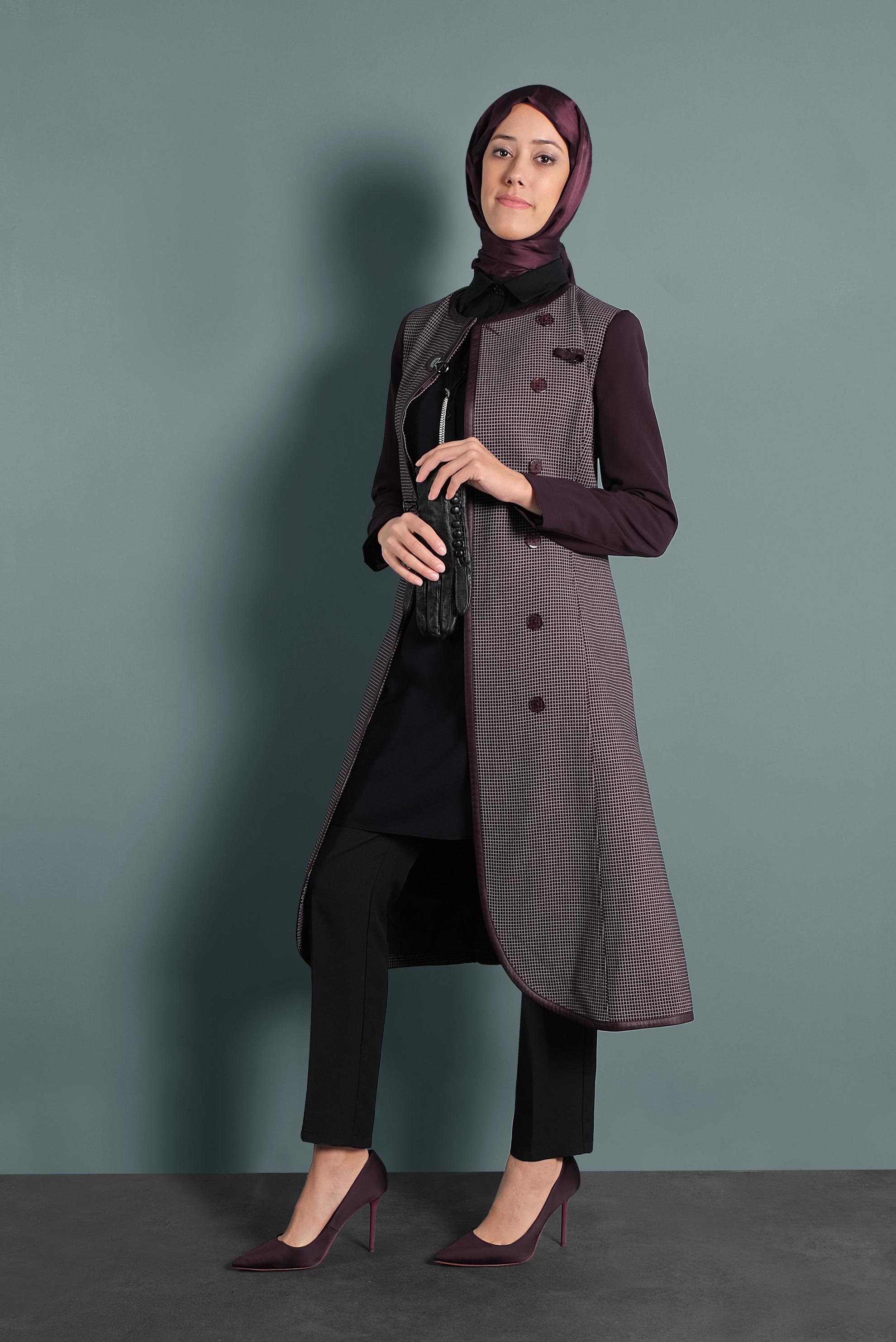 Tesettür giyim MÜRDÜM KARELİ BİYELİ TRENÇKOT 1592 