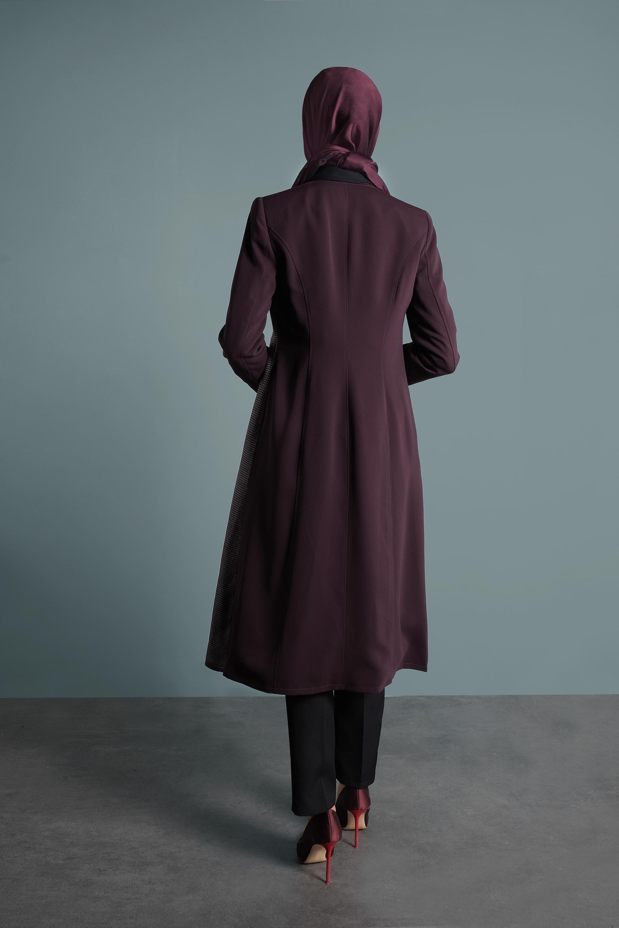 Tesettür giyim MÜRDÜM KARELİ BİYELİ TRENÇKOT 1592 