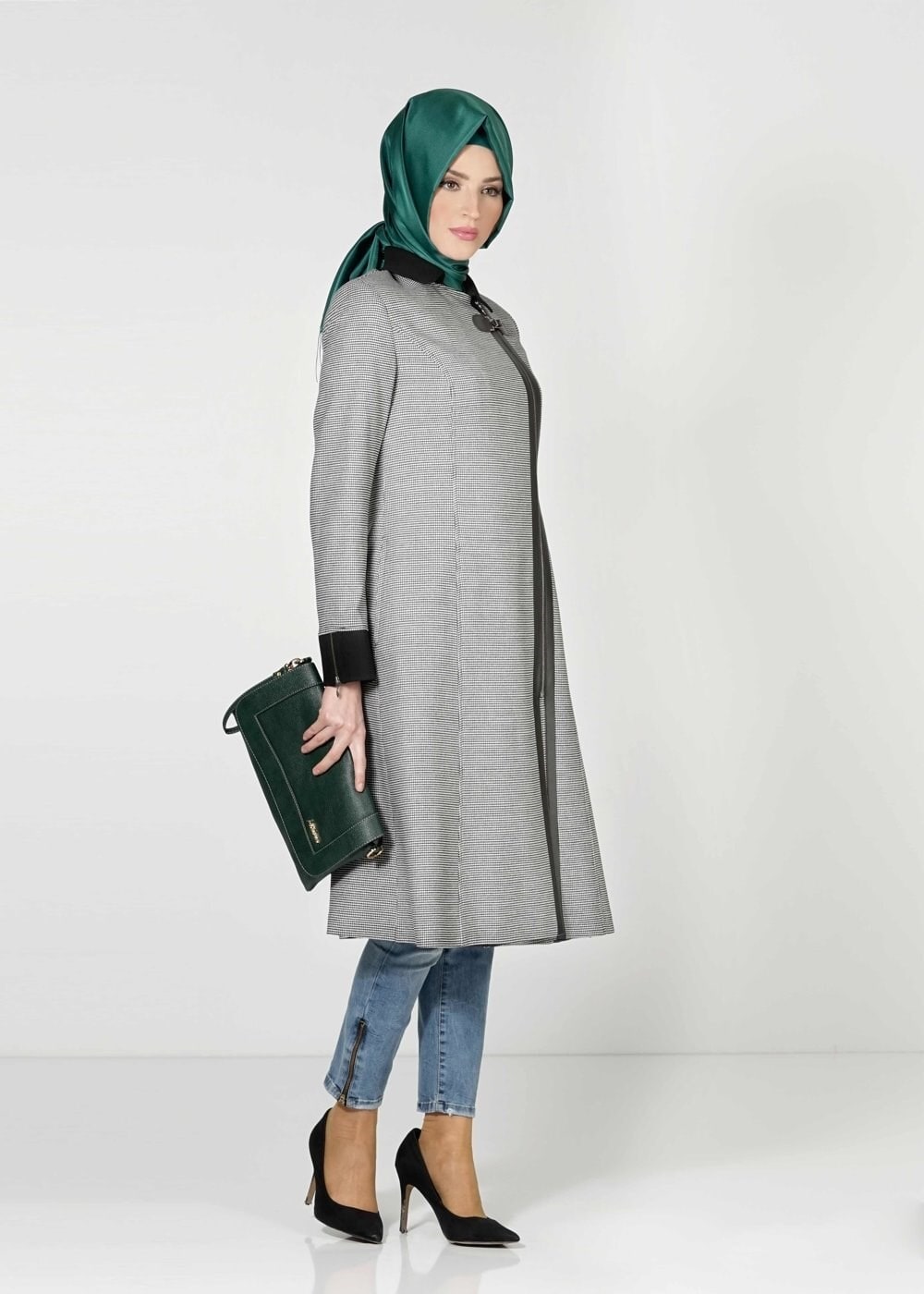 Tesettür giyim SİYAH FERMUARLI TRENÇKOT 1593 