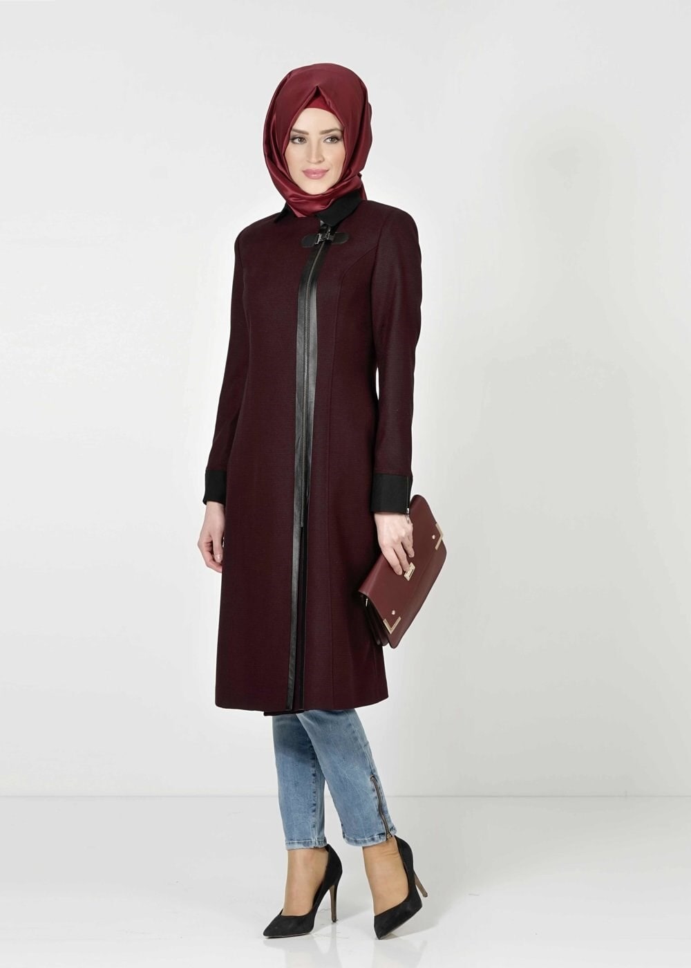 Tesettür giyim BORDO FERMUARLI TRENÇKOT 1593 