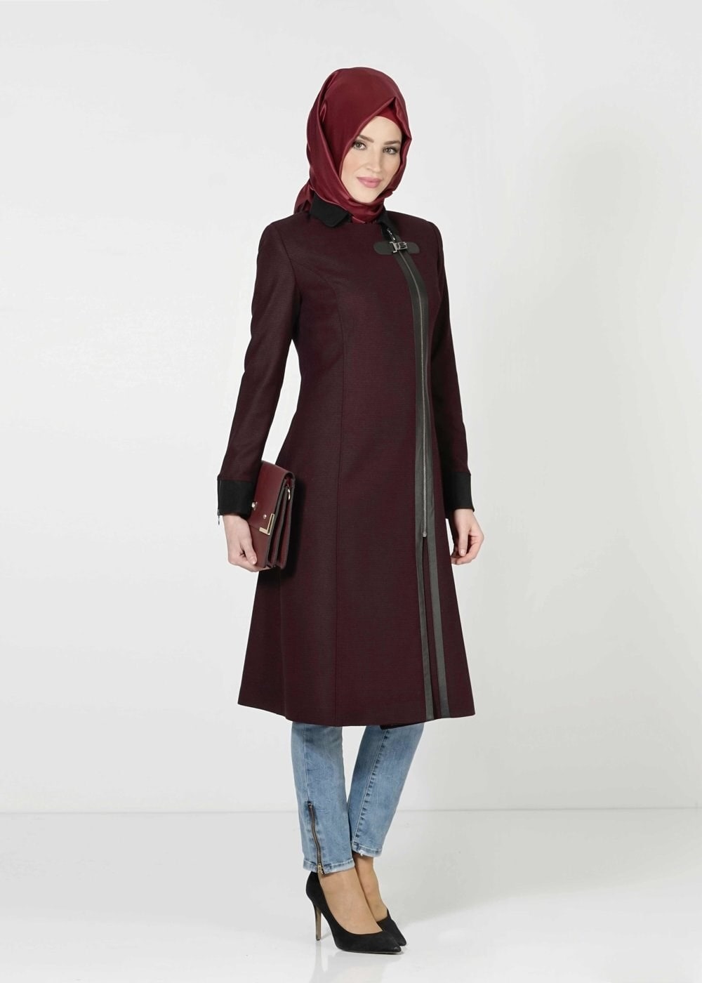 Tesettür giyim BORDO FERMUARLI TRENÇKOT 1593 