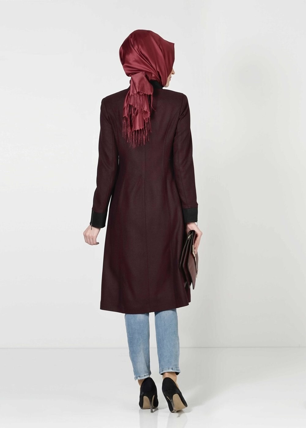 Tesettür giyim BORDO FERMUARLI TRENÇKOT 1593 