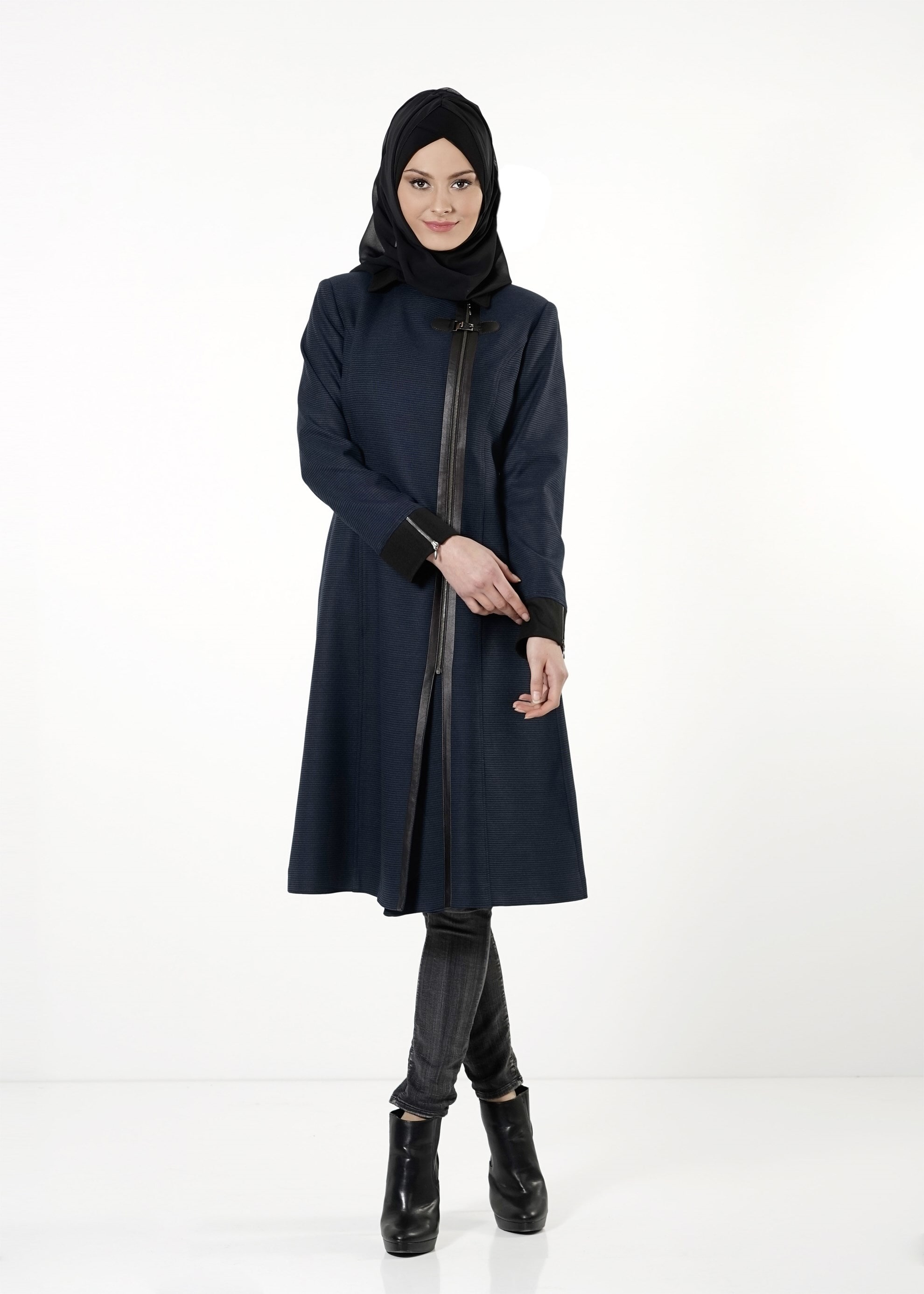 Tesettür giyim LACİVERT FERMUARLI TRENÇKOT 1593 