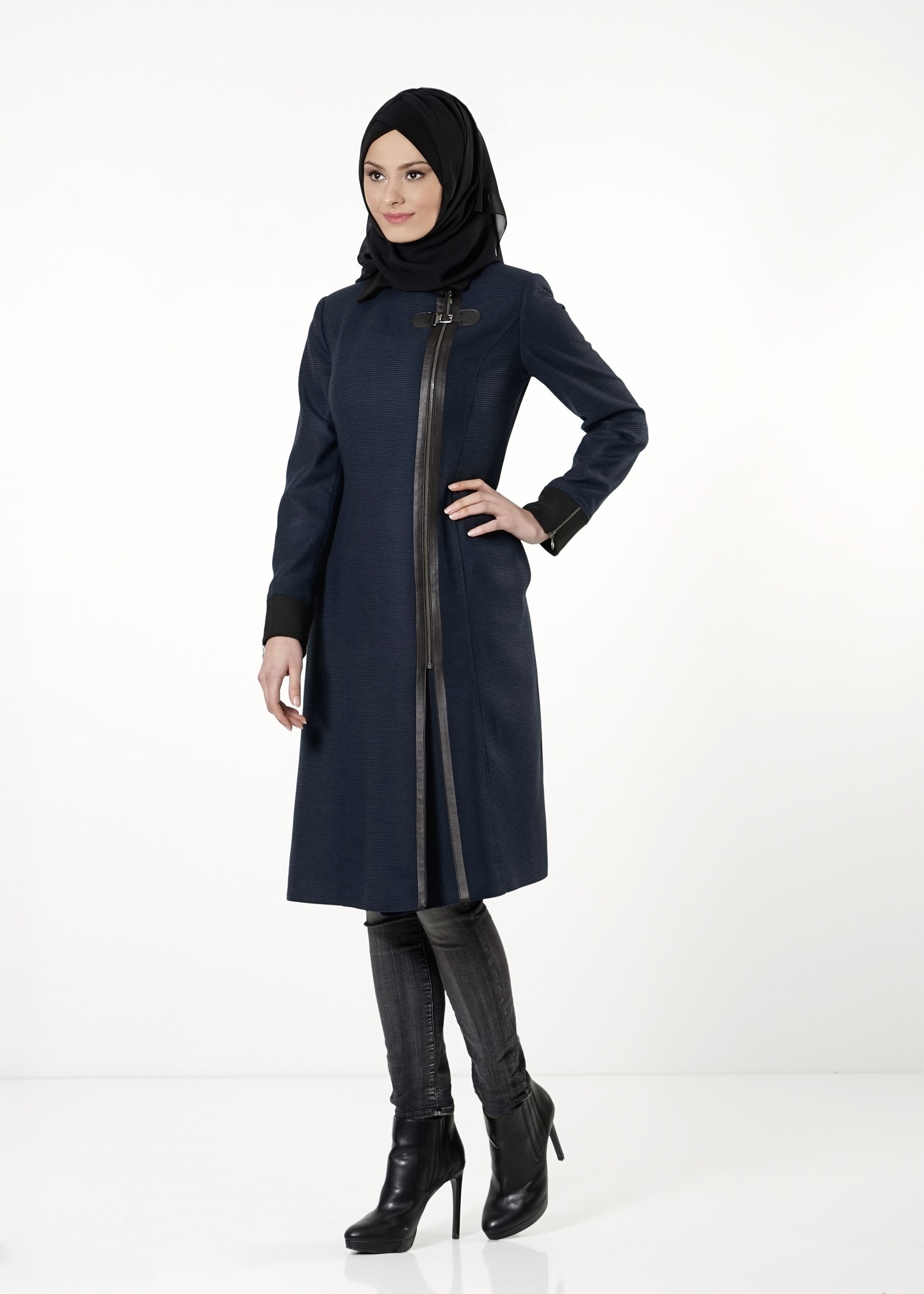 Tesettür giyim LACİVERT FERMUARLI TRENÇKOT 1593 